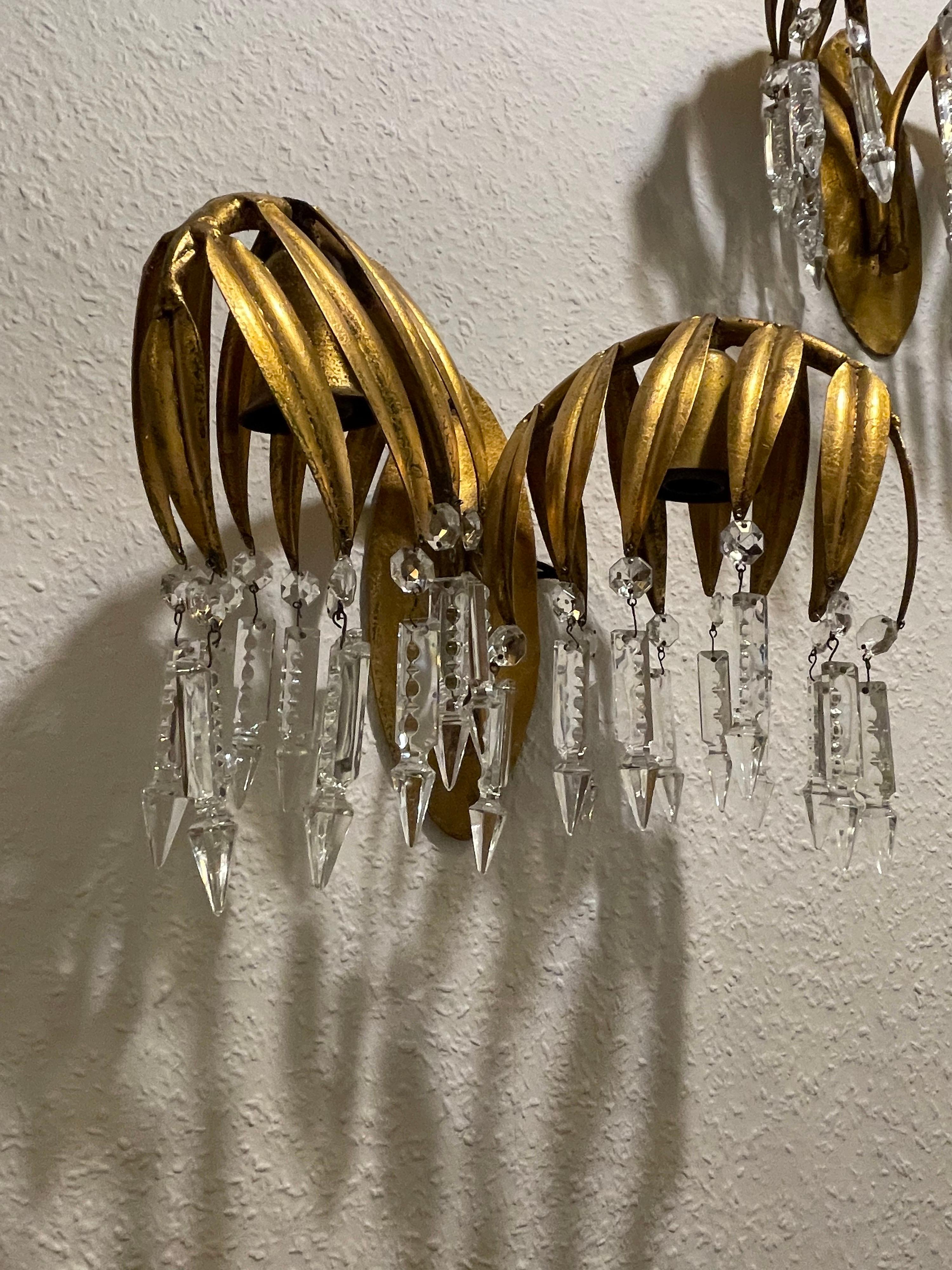 Mid-Century Modern Pair of Gilt Iron Palm Tree Wall Sconces by Hans Kögl, ca. 1970s For Sale