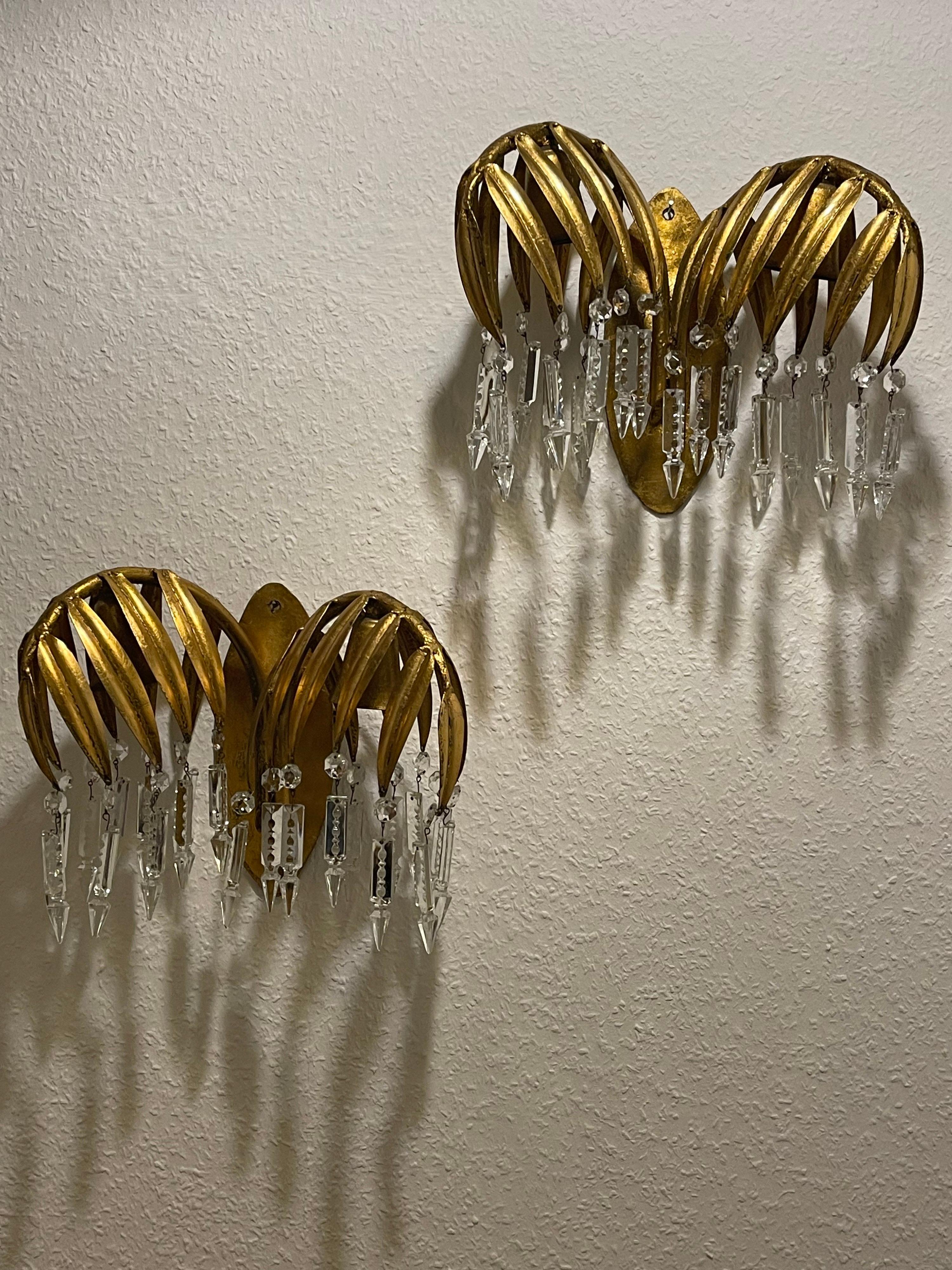 Pair of Gilt Iron Palm Tree Wall Sconces by Hans Kögl, ca. 1970s In Excellent Condition For Sale In Wiesbaden, Hessen