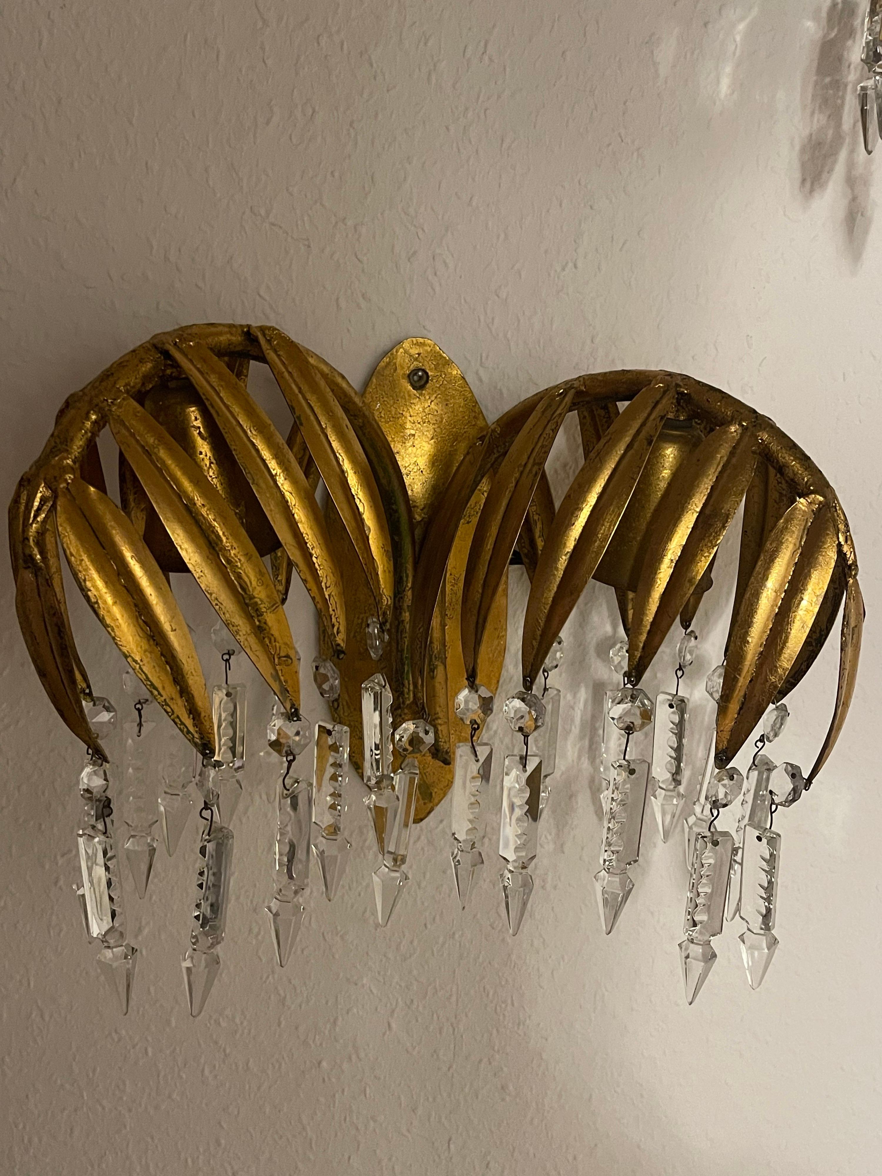 Crystal Pair of Gilt Iron Palm Tree Wall Sconces by Hans Kögl, ca. 1970s For Sale