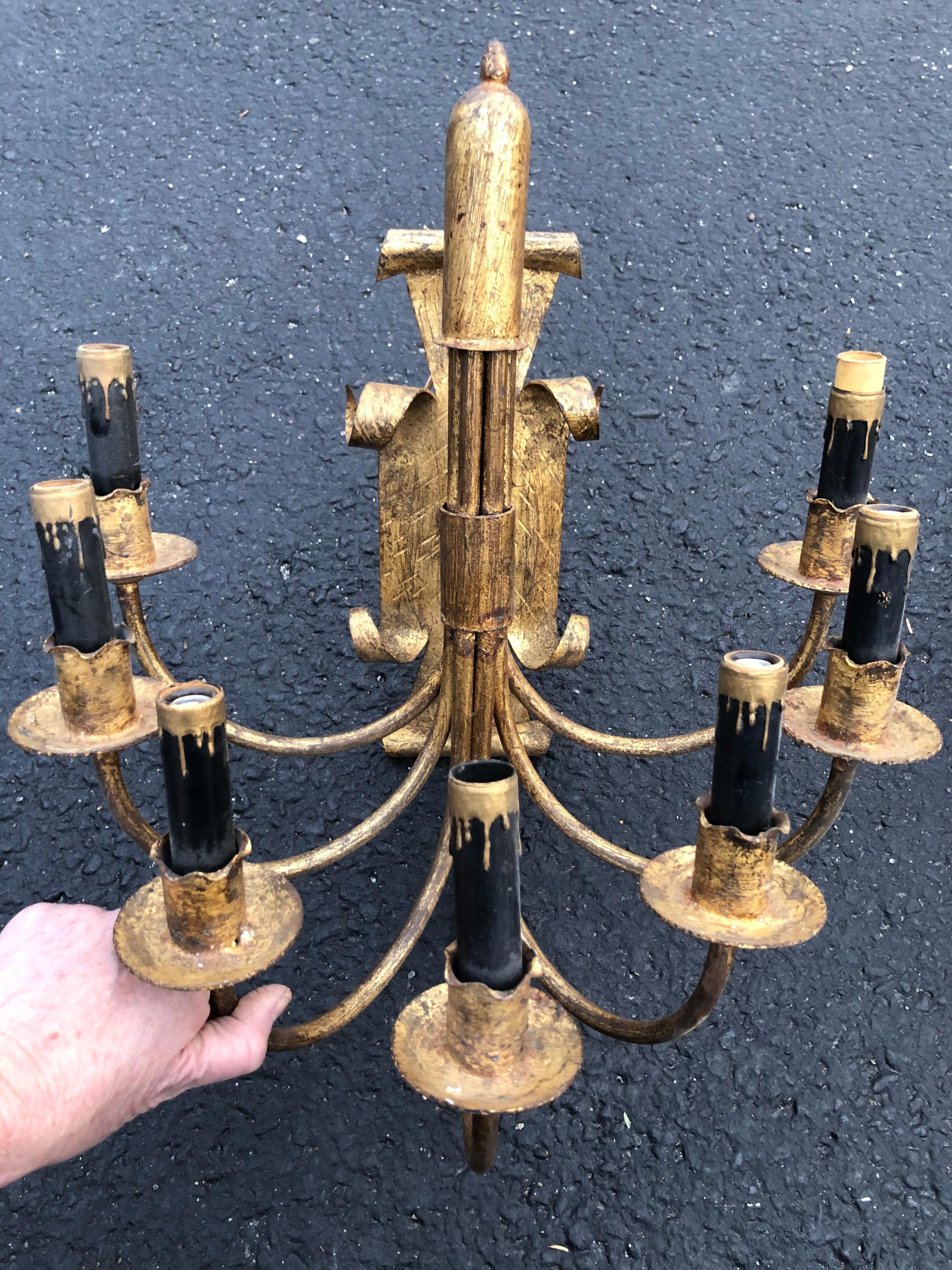 Pair of Gilt Iron Sconces with Black Candle Covers For Sale 6