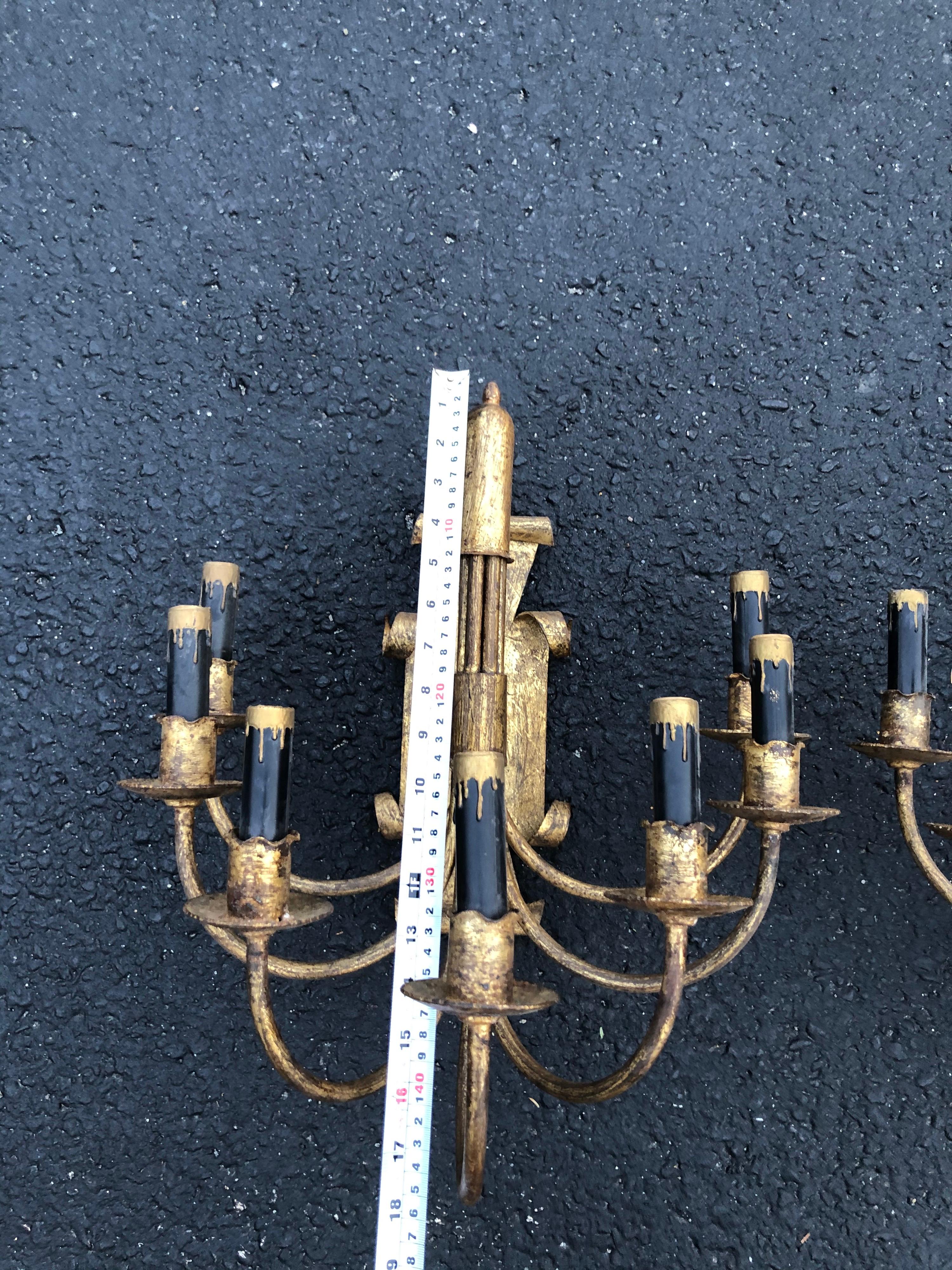 Pair of Gilt Iron Sconces with Black Candle Covers For Sale 10