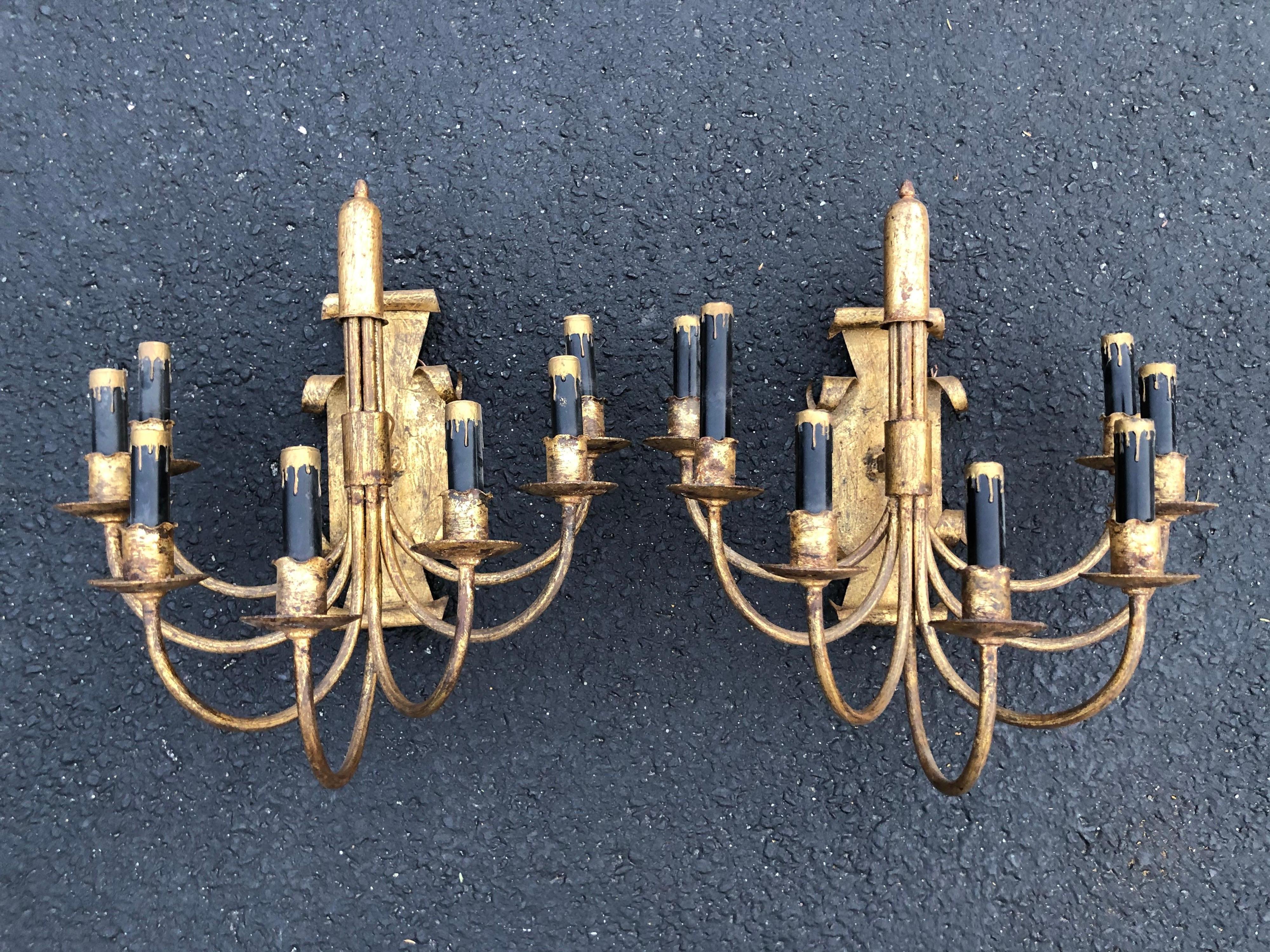 Pair of Gilt Iron Sconces with Black Candle Covers For Sale 13