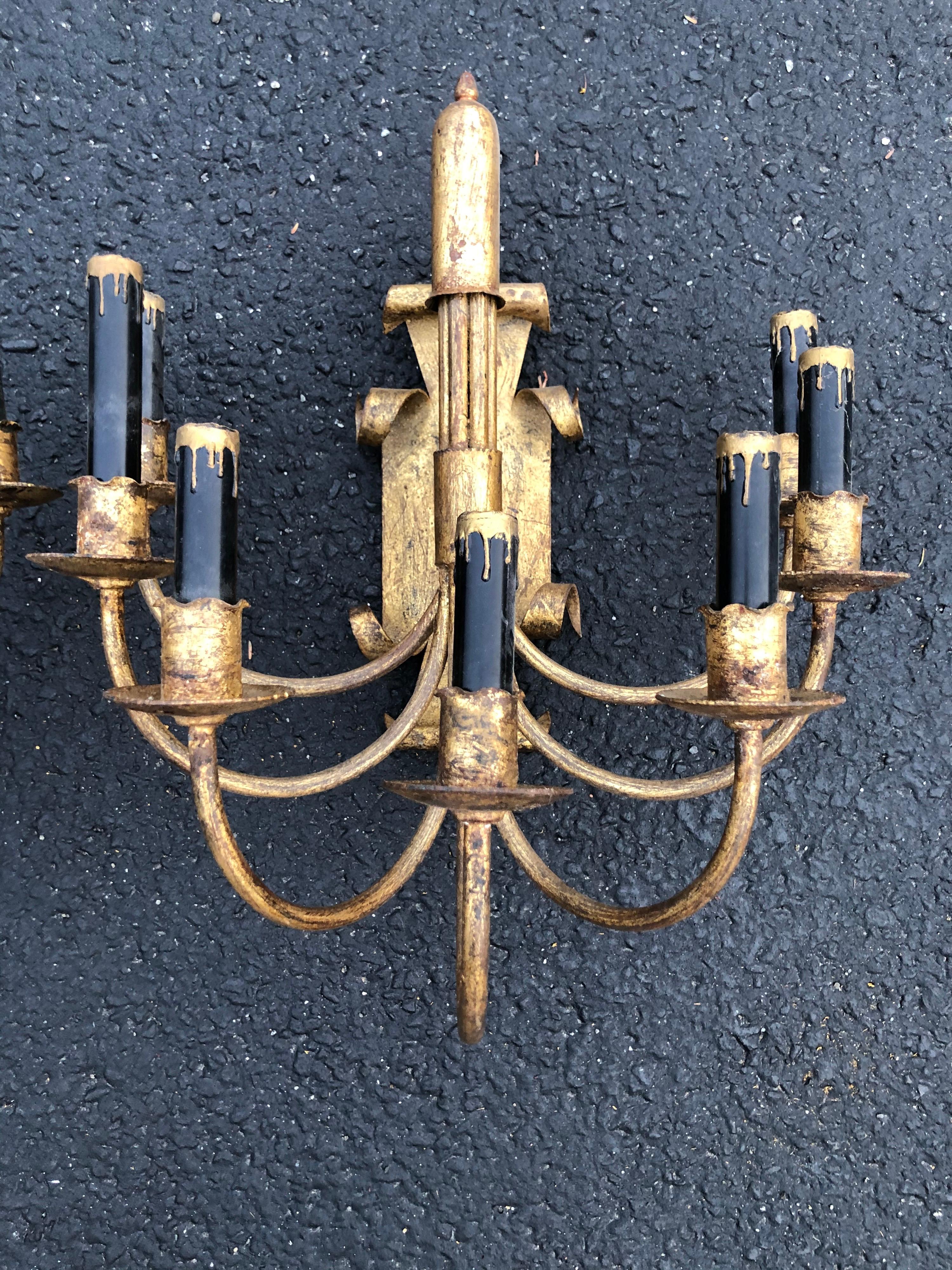 Pair of Gilt Iron Sconces with Black Candle Covers In Excellent Condition For Sale In Redding, CT