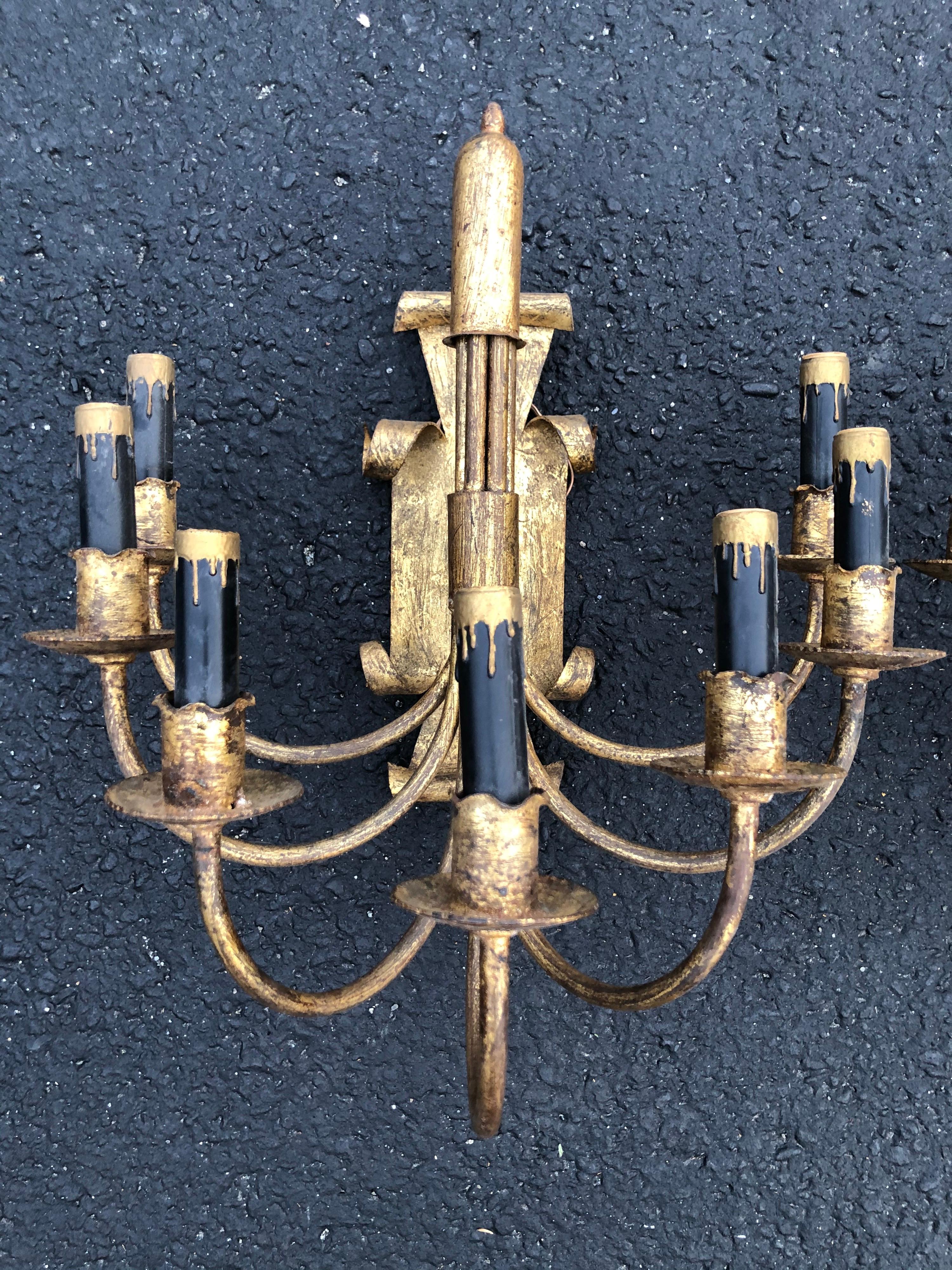 Mid-20th Century Pair of Gilt Iron Sconces with Black Candle Covers For Sale