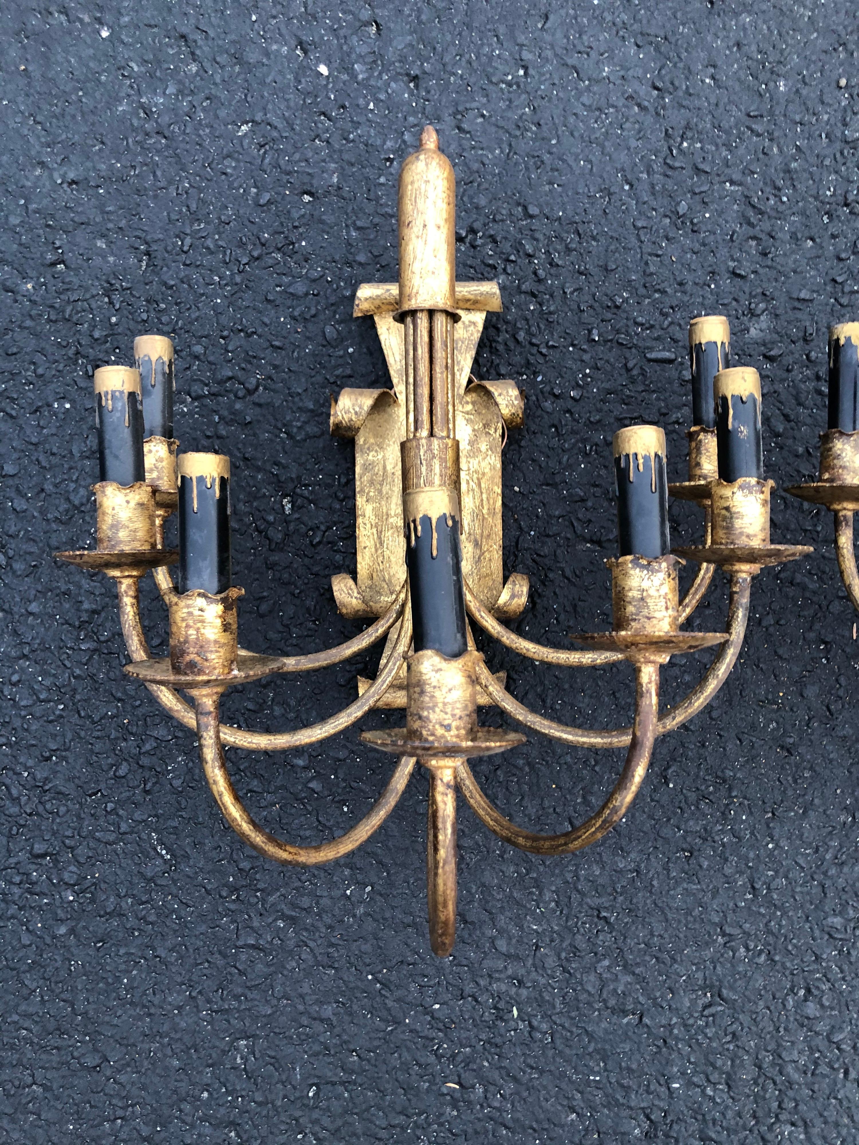 Pair of Gilt Iron Sconces with Black Candle Covers For Sale 1