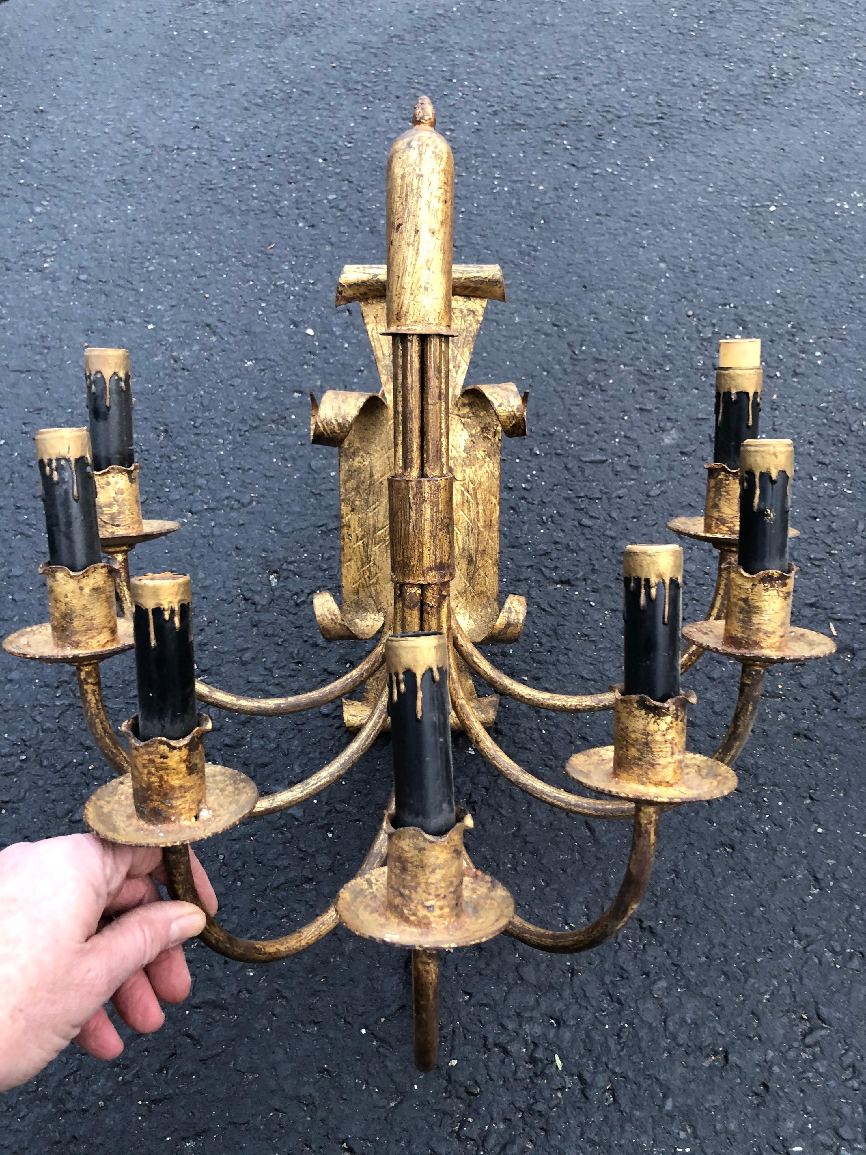 Pair of Gilt Iron Sconces with Black Candle Covers For Sale 2