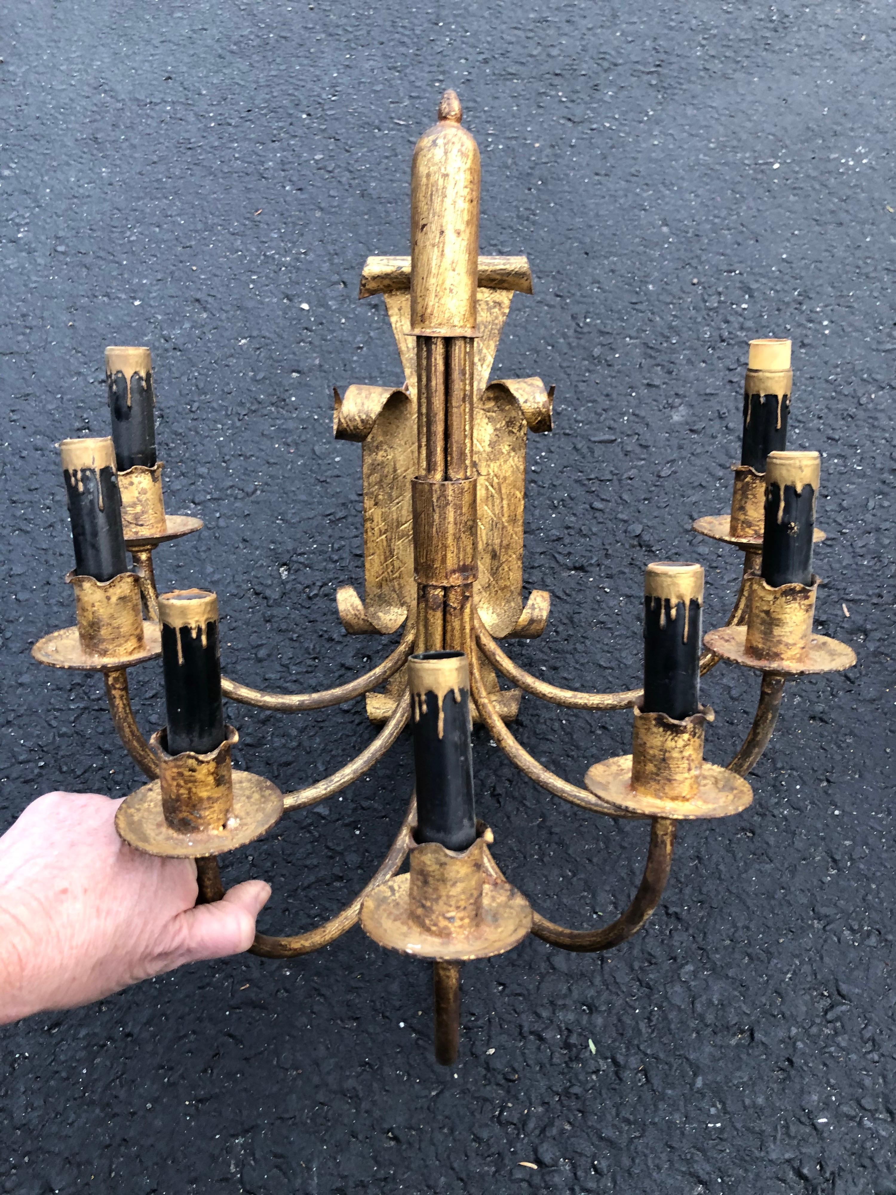 Pair of Gilt Iron Sconces with Black Candle Covers For Sale 3