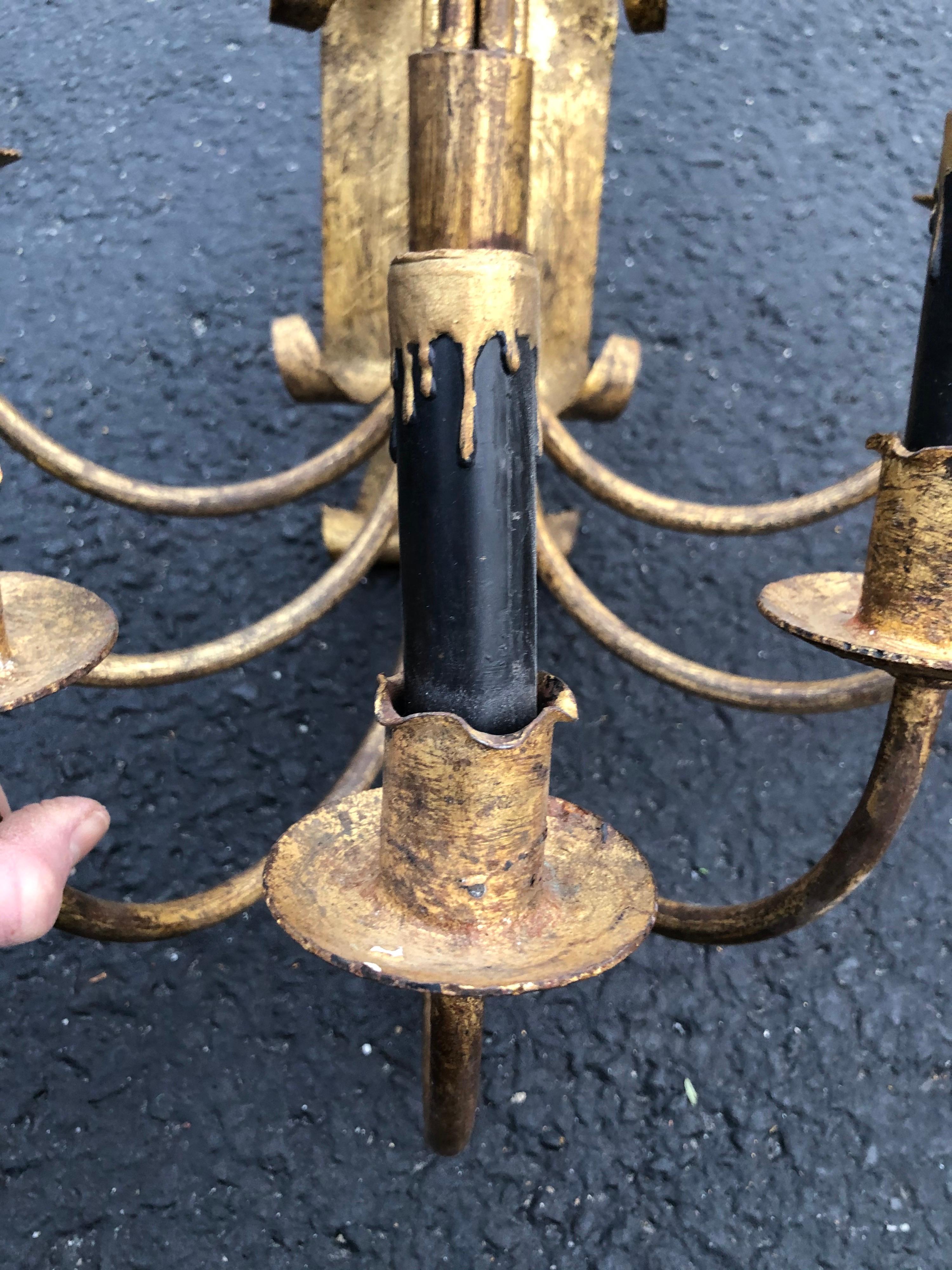 Pair of Gilt Iron Sconces with Black Candle Covers For Sale 4