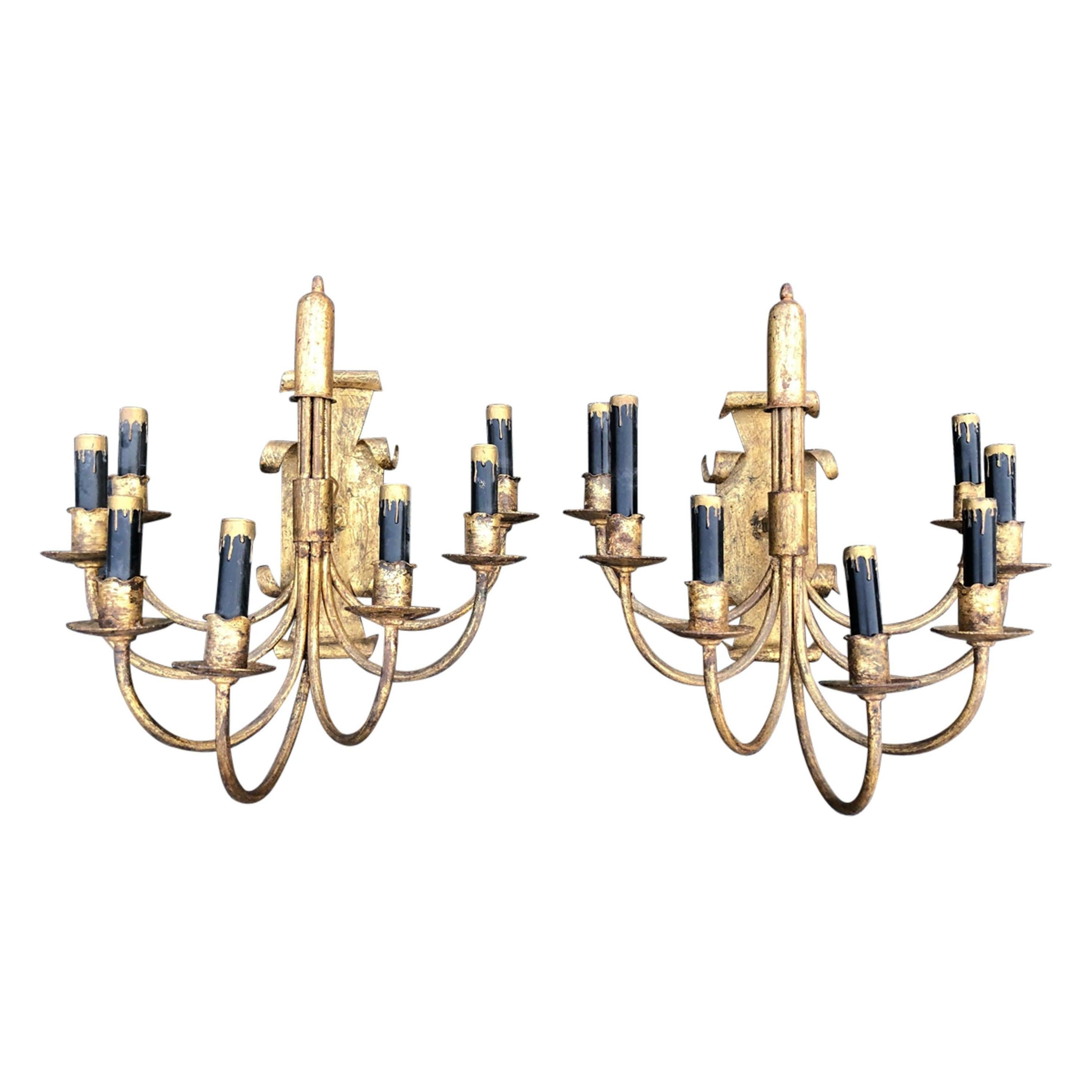 Pair of Gilt Iron Sconces with Black Candle Covers