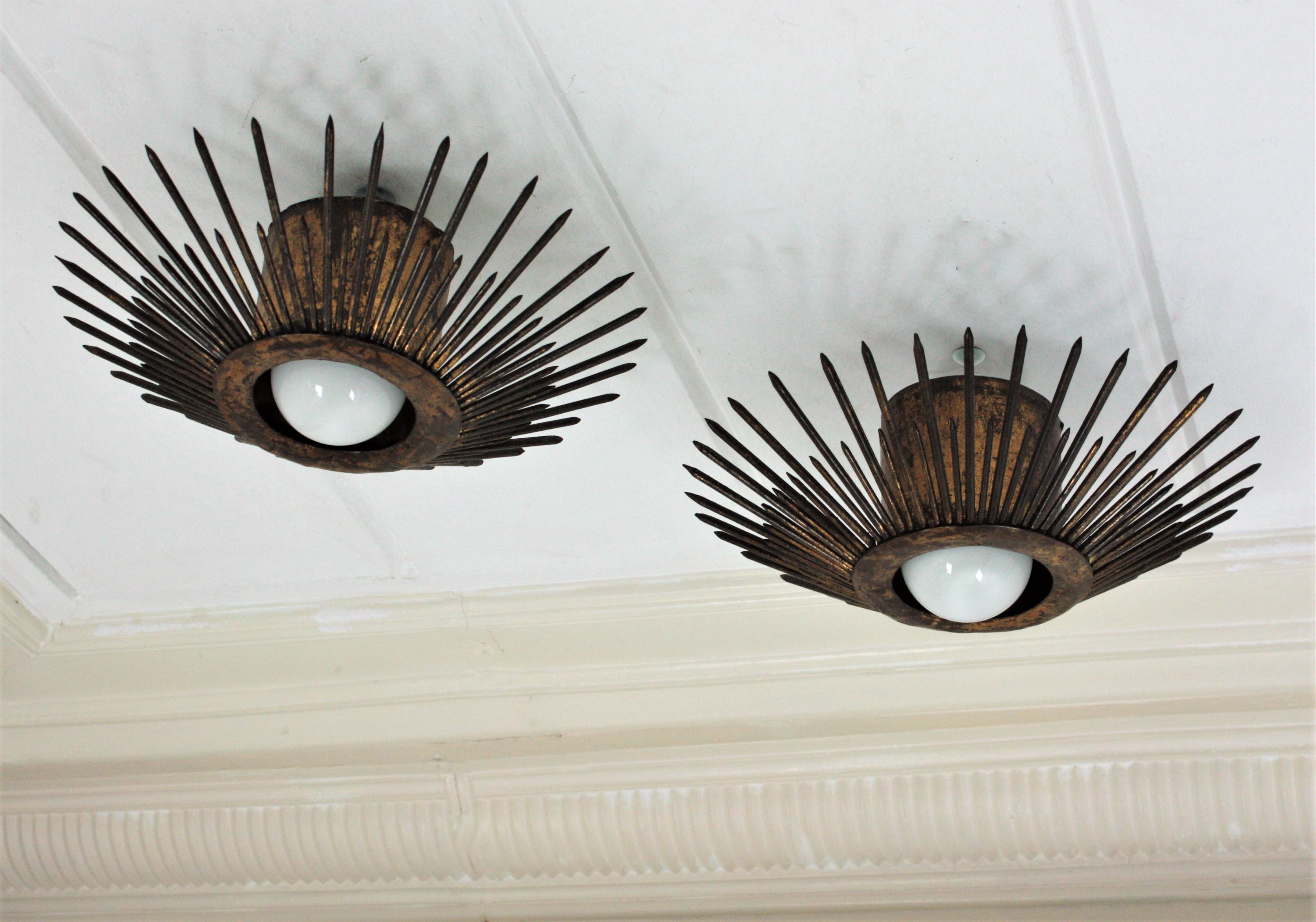 Pair of Gilt Iron Sunburst Brutalist Light Fixtures with Design of Nails For Sale 3