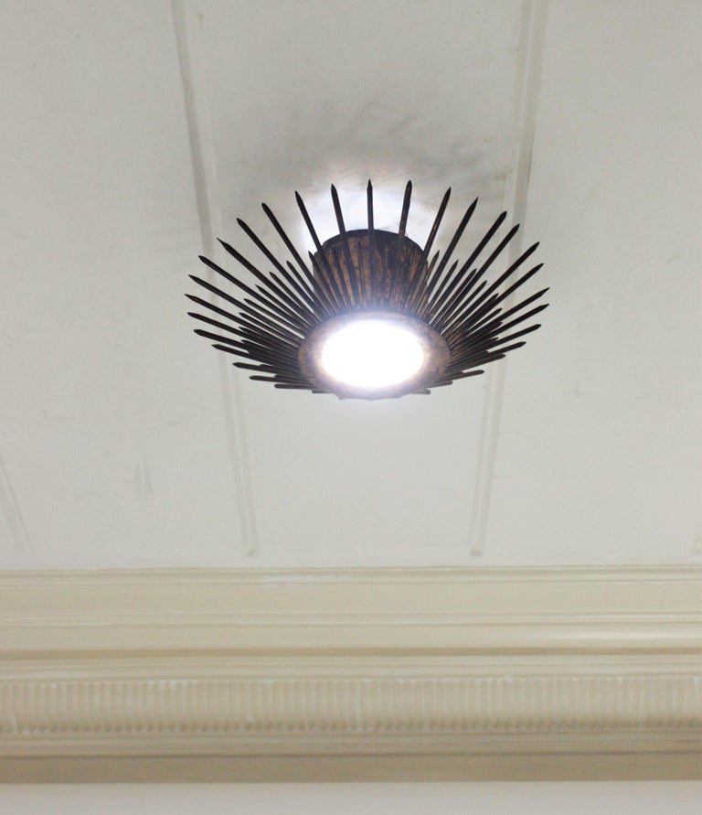 Pair of Gilt Iron Sunburst Brutalist Light Fixtures with Design of ...