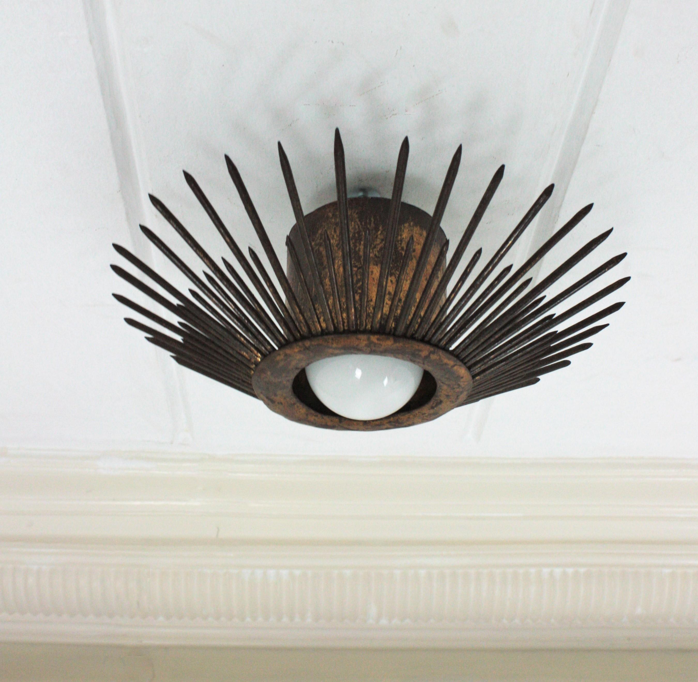 Pair of Gilt Iron Sunburst Brutalist Light Fixtures with Design of Nails For Sale 6