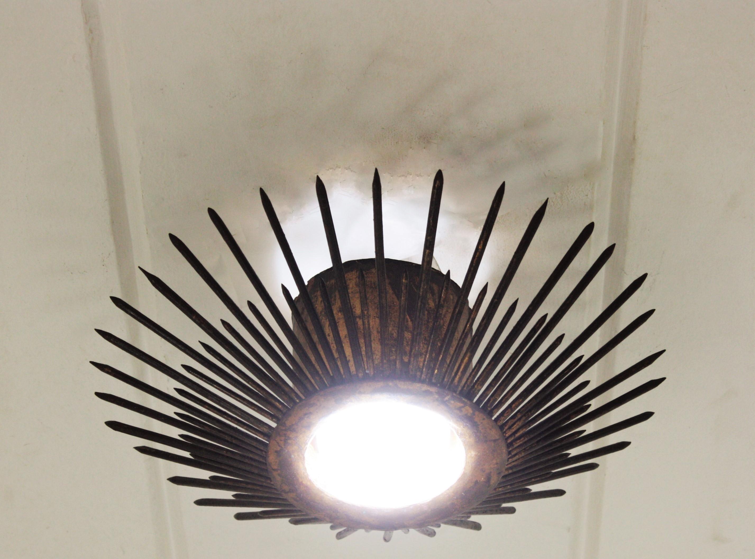 Pair of Gilt Iron Sunburst Brutalist Light Fixtures with Design of Nails For Sale 9