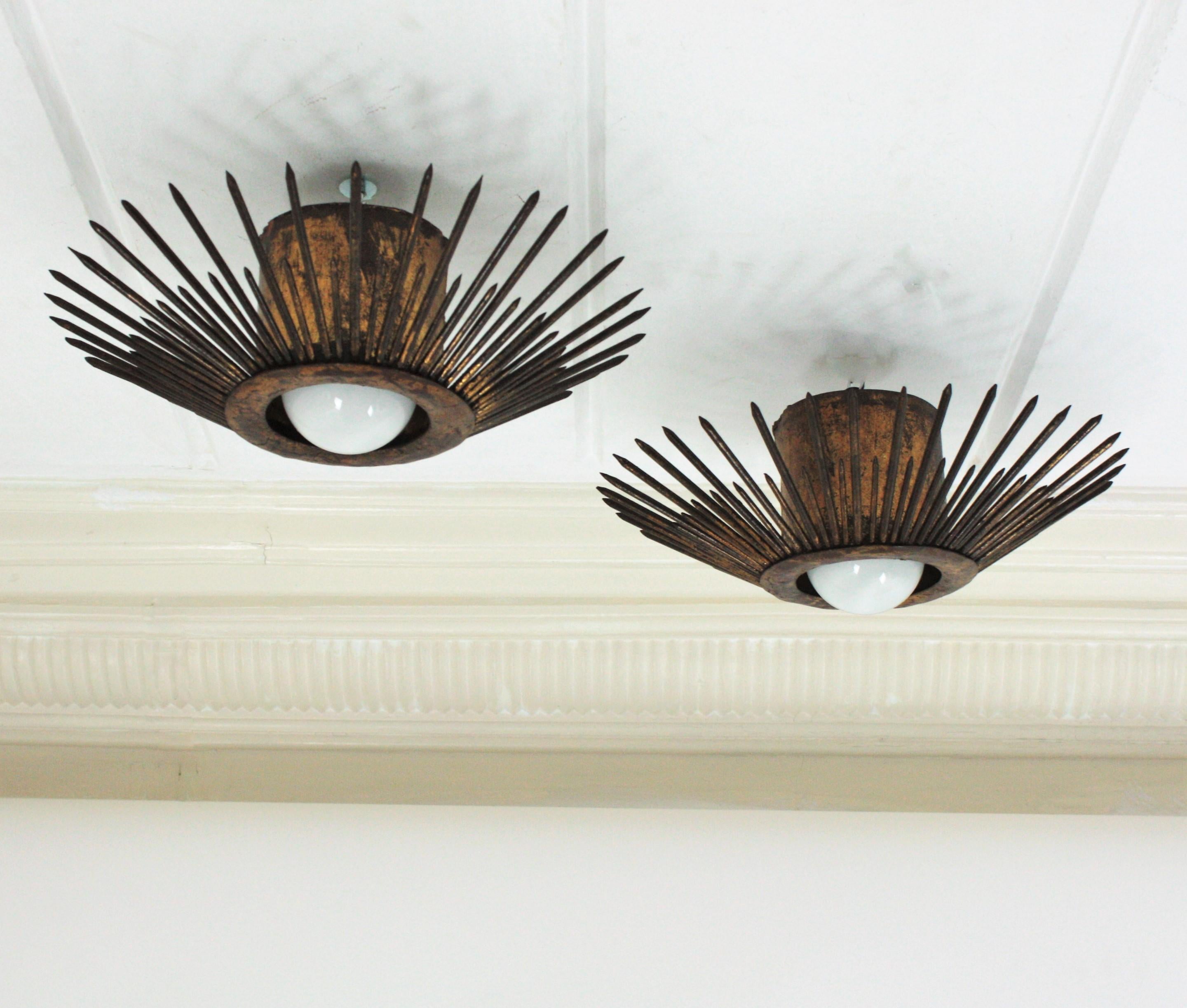 20th Century Pair of Gilt Iron Sunburst Brutalist Light Fixtures with Design of Nails For Sale