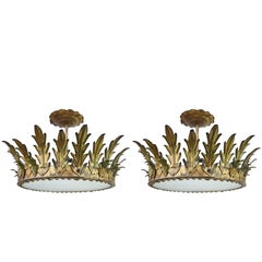 Antique Pair of Gilt Iron Sunburst Crown Light Fixtures
