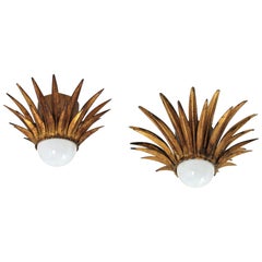 Pair of Gilt Iron Sunburst Starburst Light Fixtures / Flush Mounts, Spain, 1950s