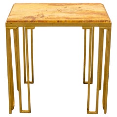Pair of Gilt Iron & Travertine "Creneaux" End Tables in Manner of Jean Royere