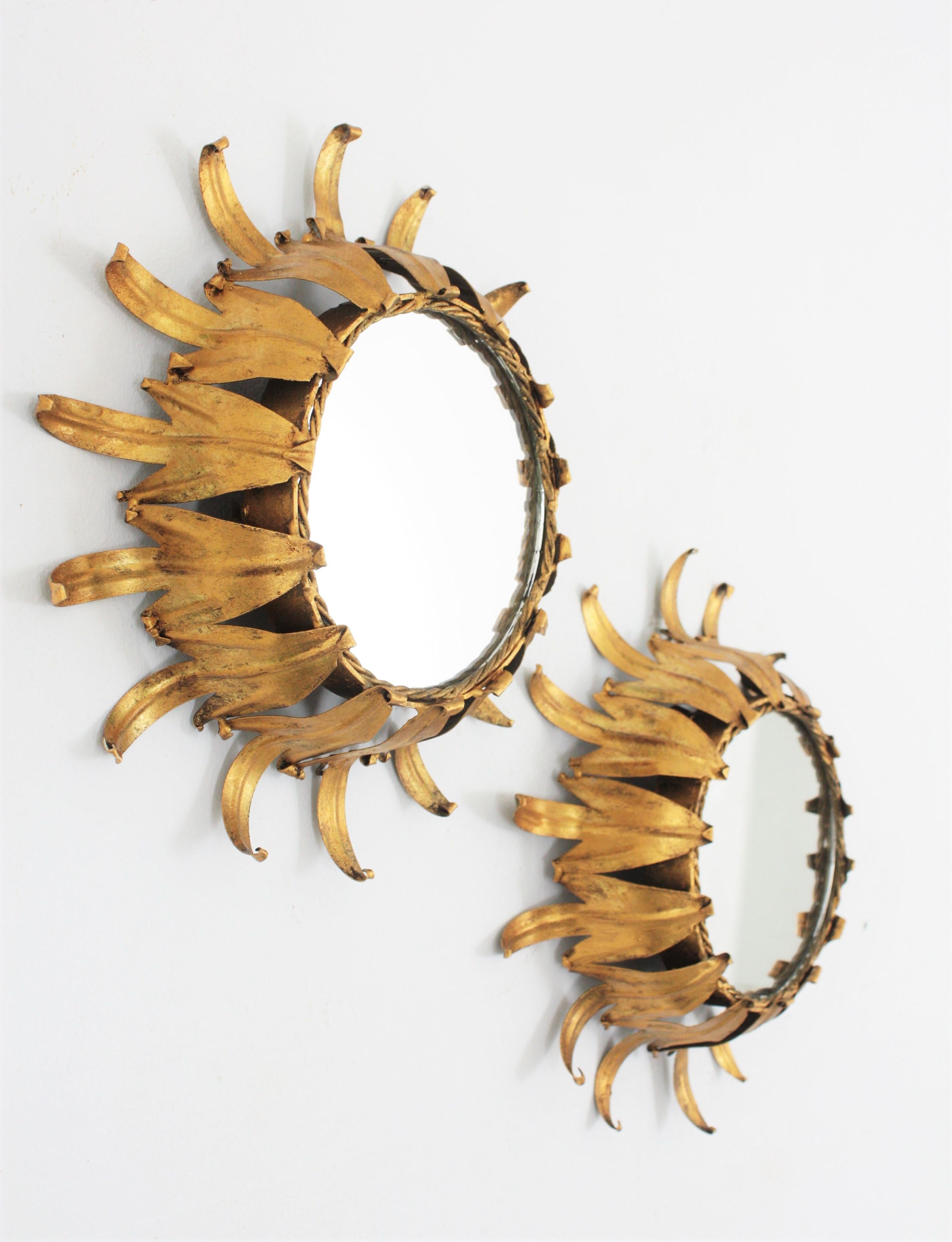 Spanish Pair of Sunburst Wall Mirrors in Gilt Iron in the Style of Hollywood Regency