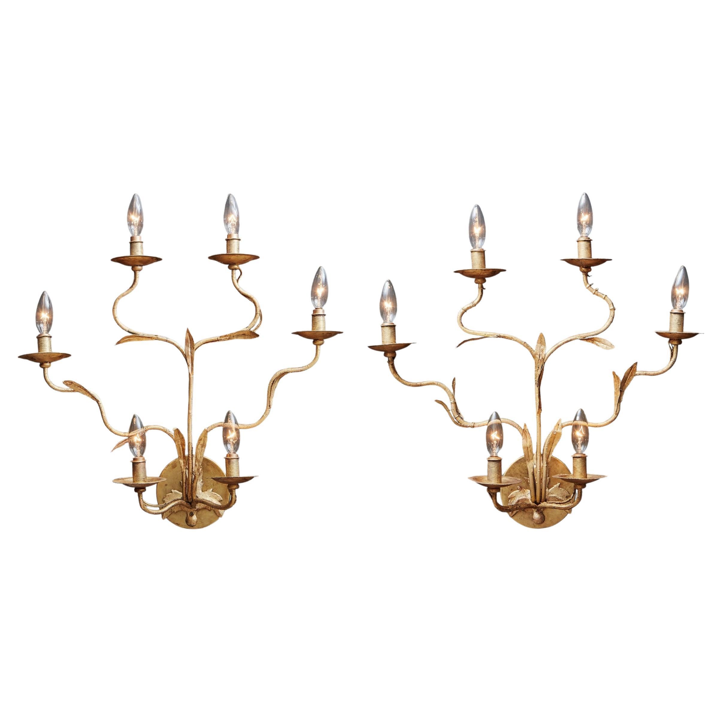 Pair of Gilt Leaf Wall Sconces, Italy 1960s For Sale