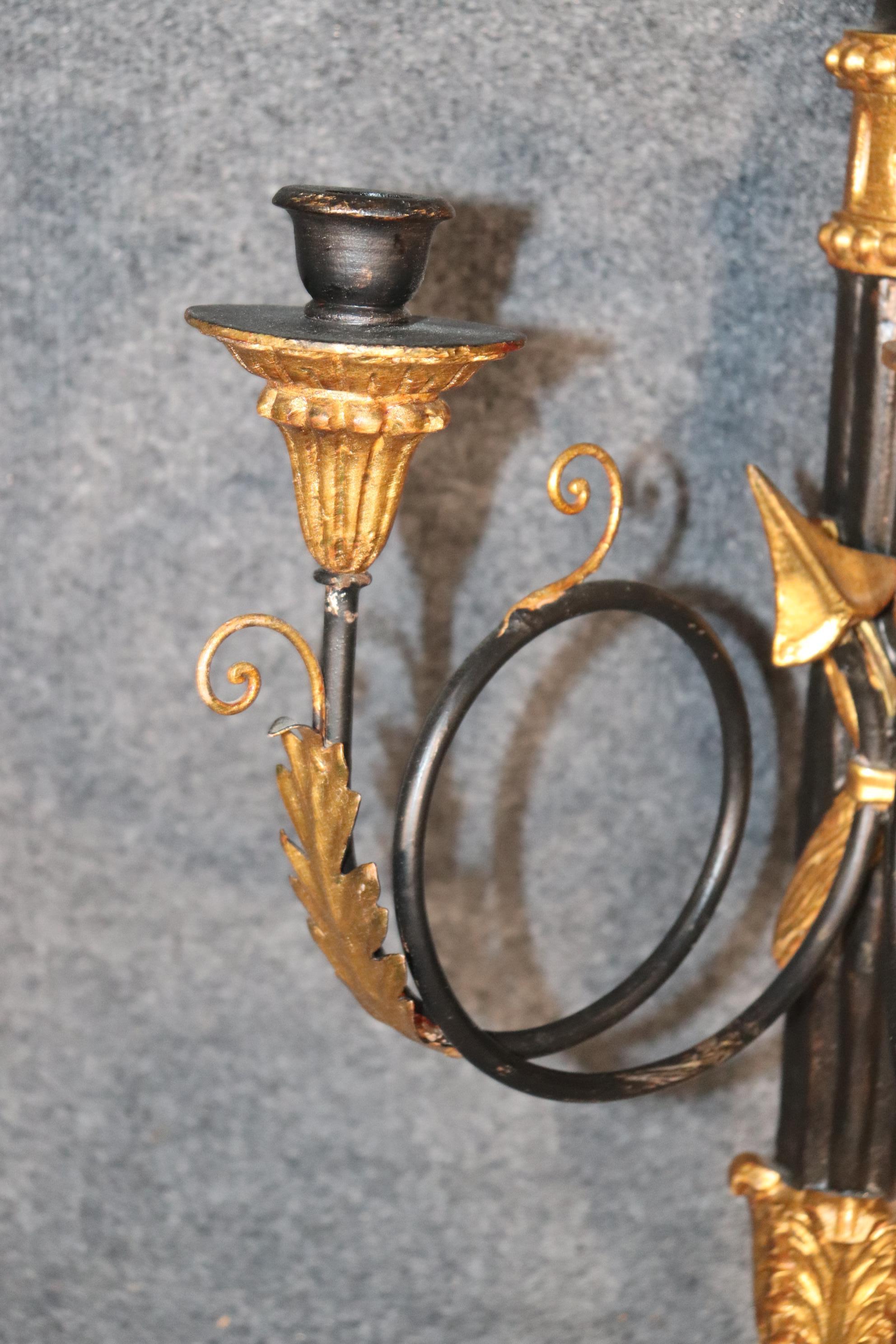 Pair of Gilt Louis XVI Directoire Style Ebonized Wall Sconces In Good Condition For Sale In Swedesboro, NJ