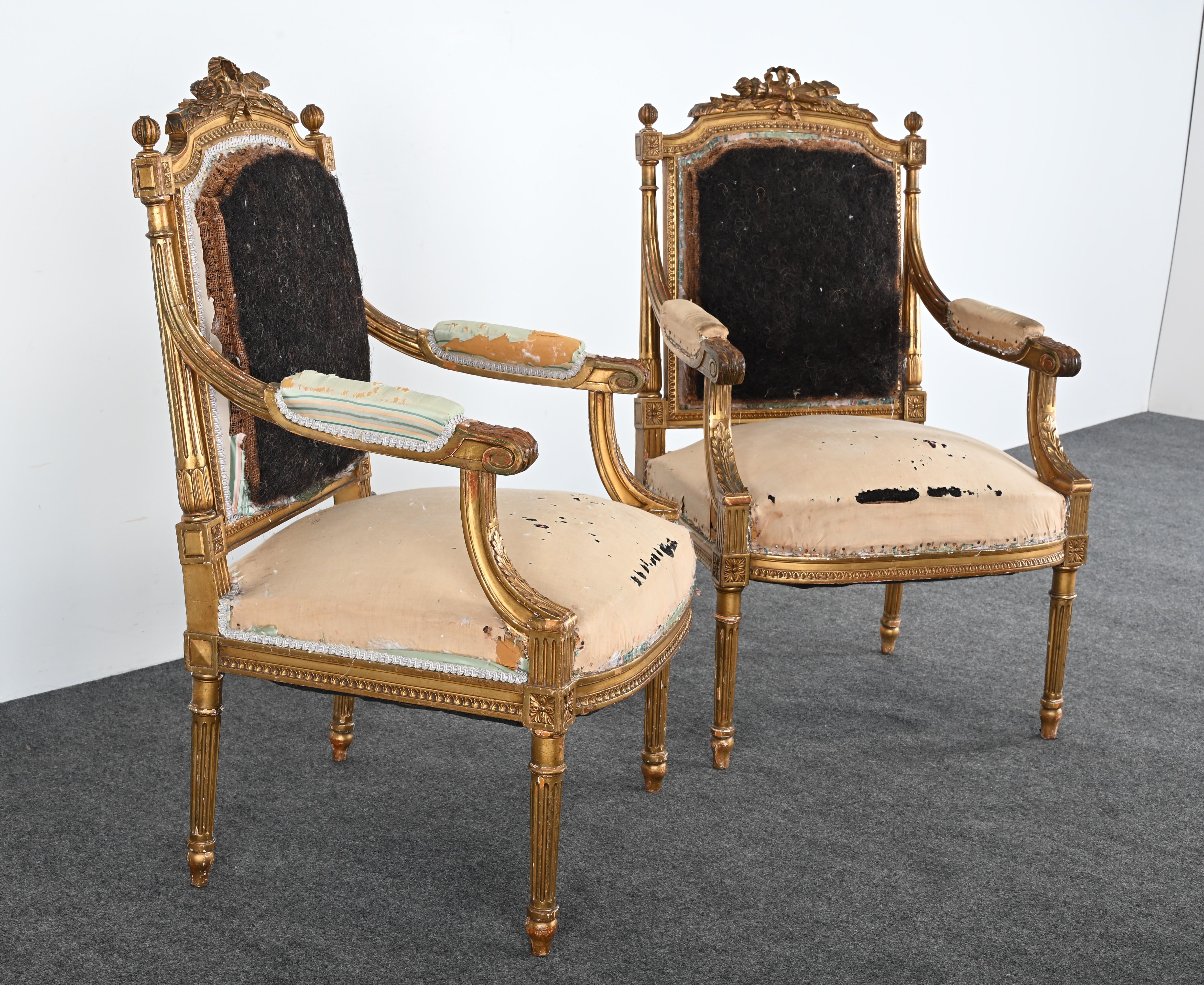 Upholstery Pair of Gilt Louis XVI French Chairs, circa 1900 For Sale