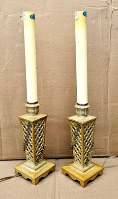 Pair of Gilt Metal and Brass Flowers Candlesticks Mounted as Lamps