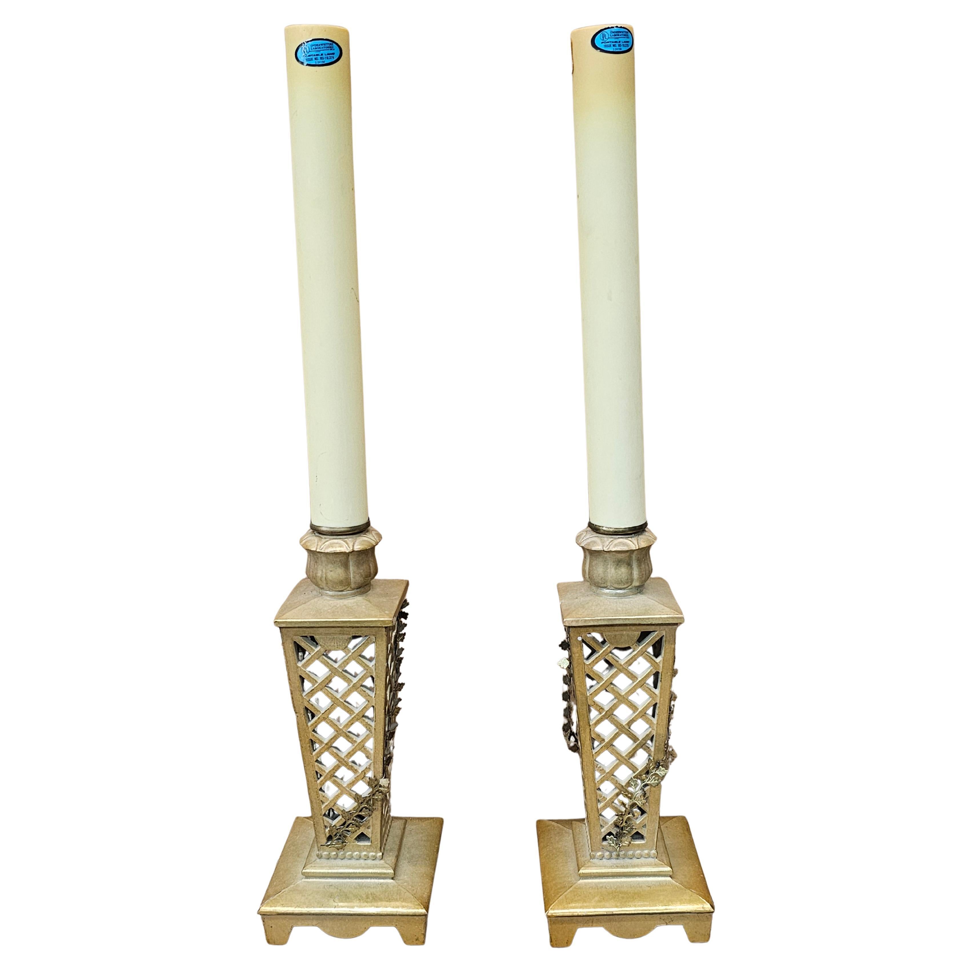 Pair of Gilt Metal and Brass Flowers Candlesticks Mounted as Lamps