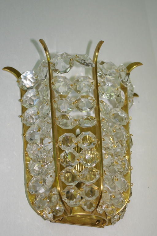 French Pair of Gilt Metal and Crystal Sconces For Sale