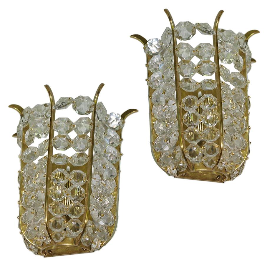 Pair of Gilt Metal and Crystal Sconces For Sale