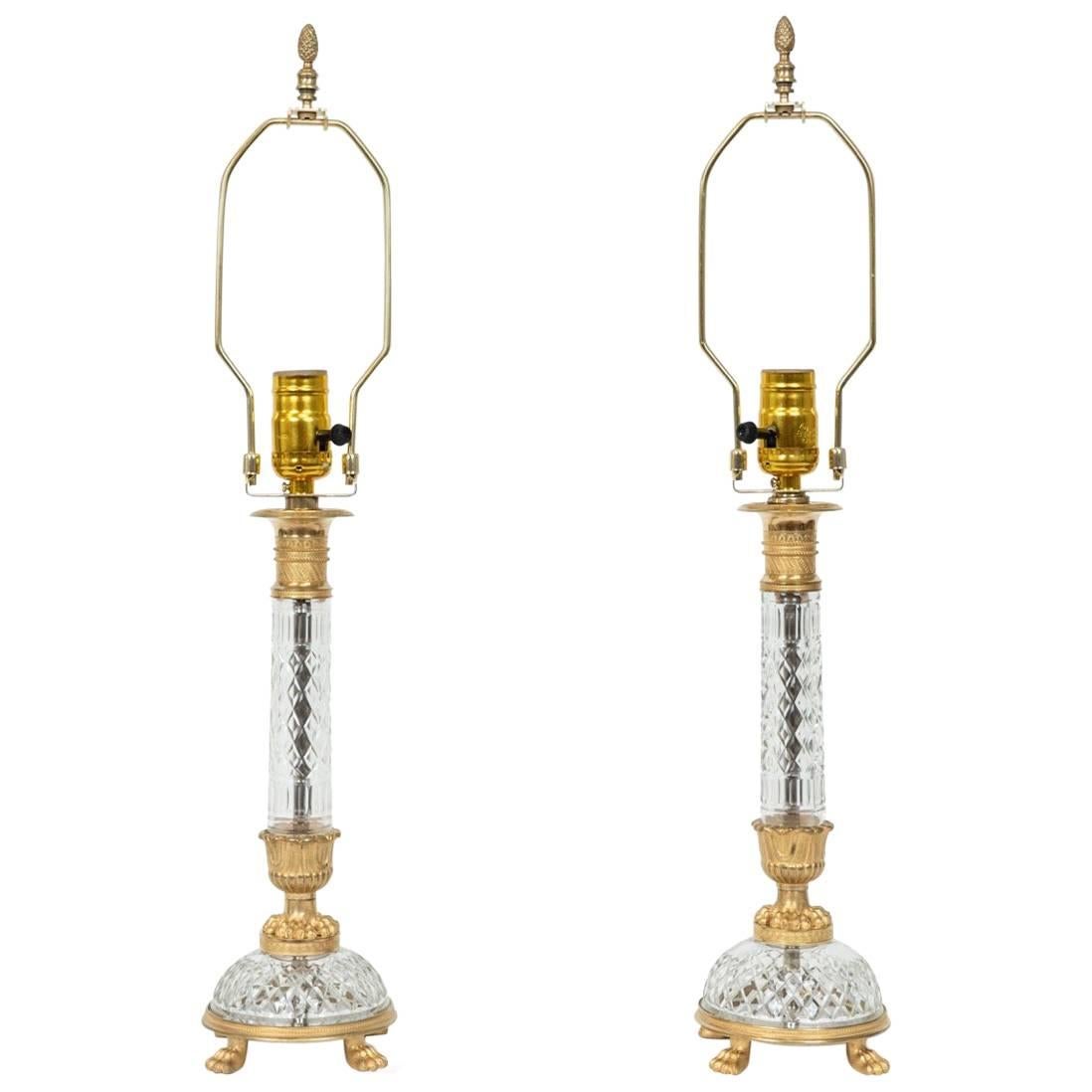 Pair of Gilt Metal and Cut Crystal Empire Style Table Lamps, Austrian circa 1970