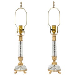 Pair of Gilt Metal and Cut Crystal Empire Style Table Lamps, Austrian circa 1970