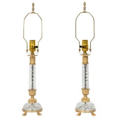 Pair of Gilt Metal and Cut Crystal Empire Style Table Lamps, Austrian circa 1970