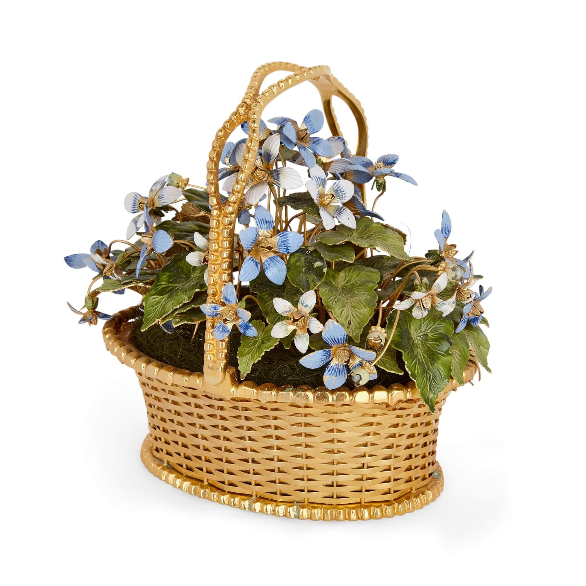 Pair of gilt-metal and enamel 'Fleurs des Siècles' flower baskets by Gorham
American, circa 1975
Measures: height 15cm, width 17cm, depth 13cm

Designed by Jane Hutcheson for the Gorham Manufacturing Company of Providence, Rhode Island, these