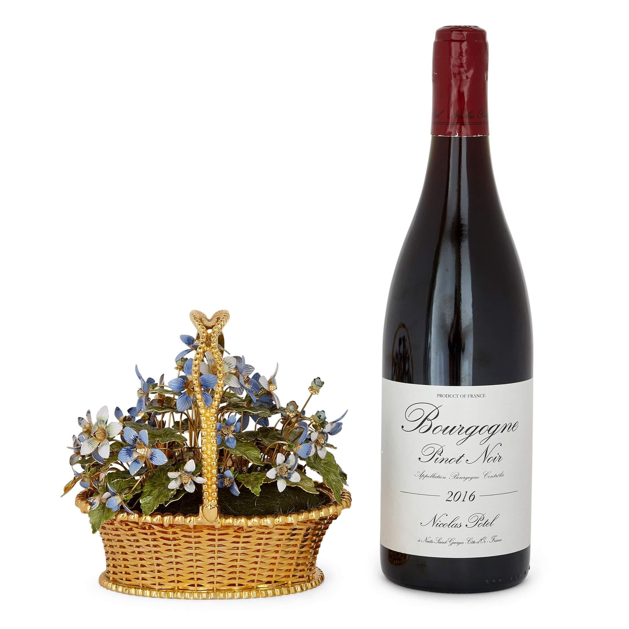 Fin du 20e siècle Paire de paniers à fleurs en métal doré et émail 