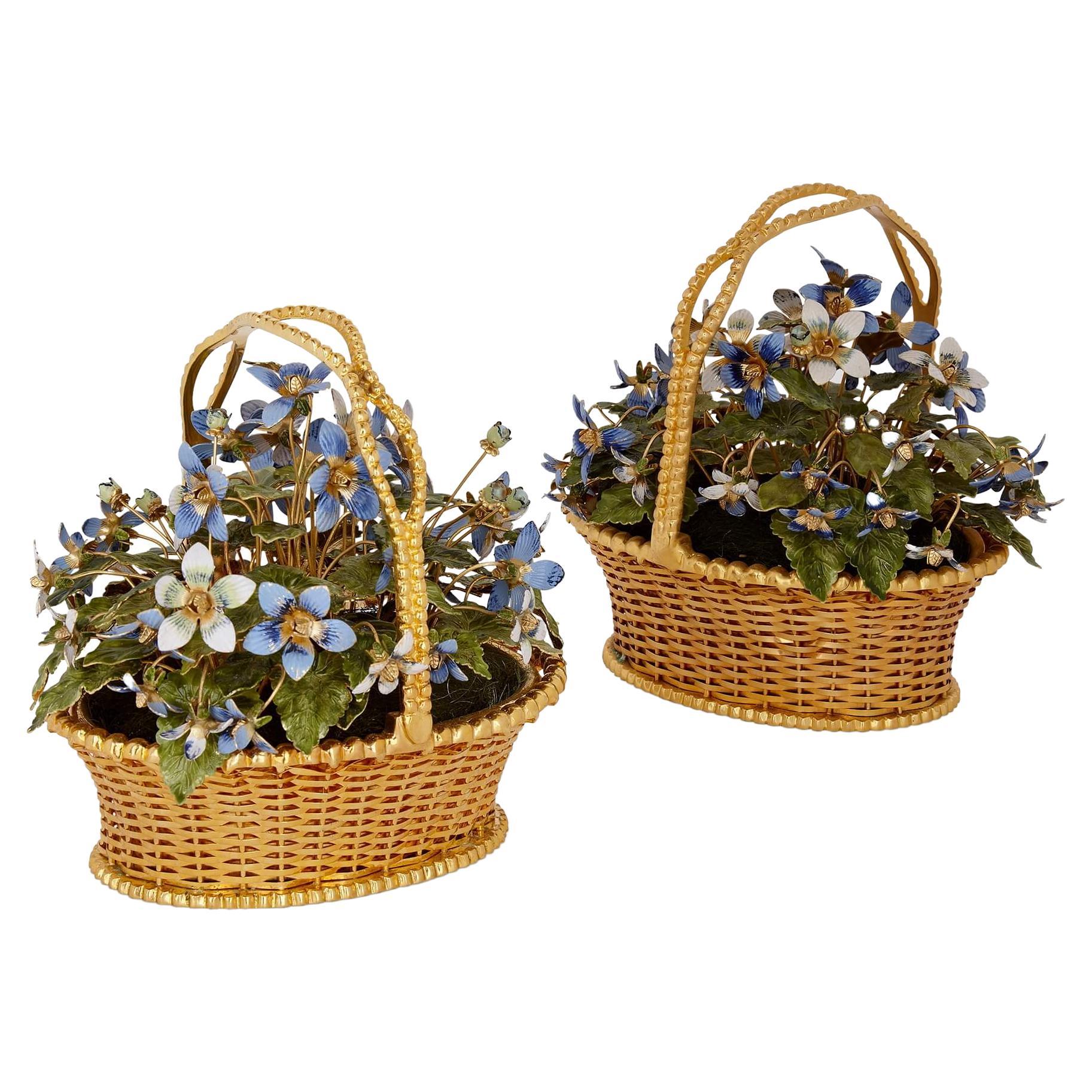 Pair of Gilt-Metal and Enamel 'Fleurs Des Siècles' Flower Baskets by Gorham For Sale