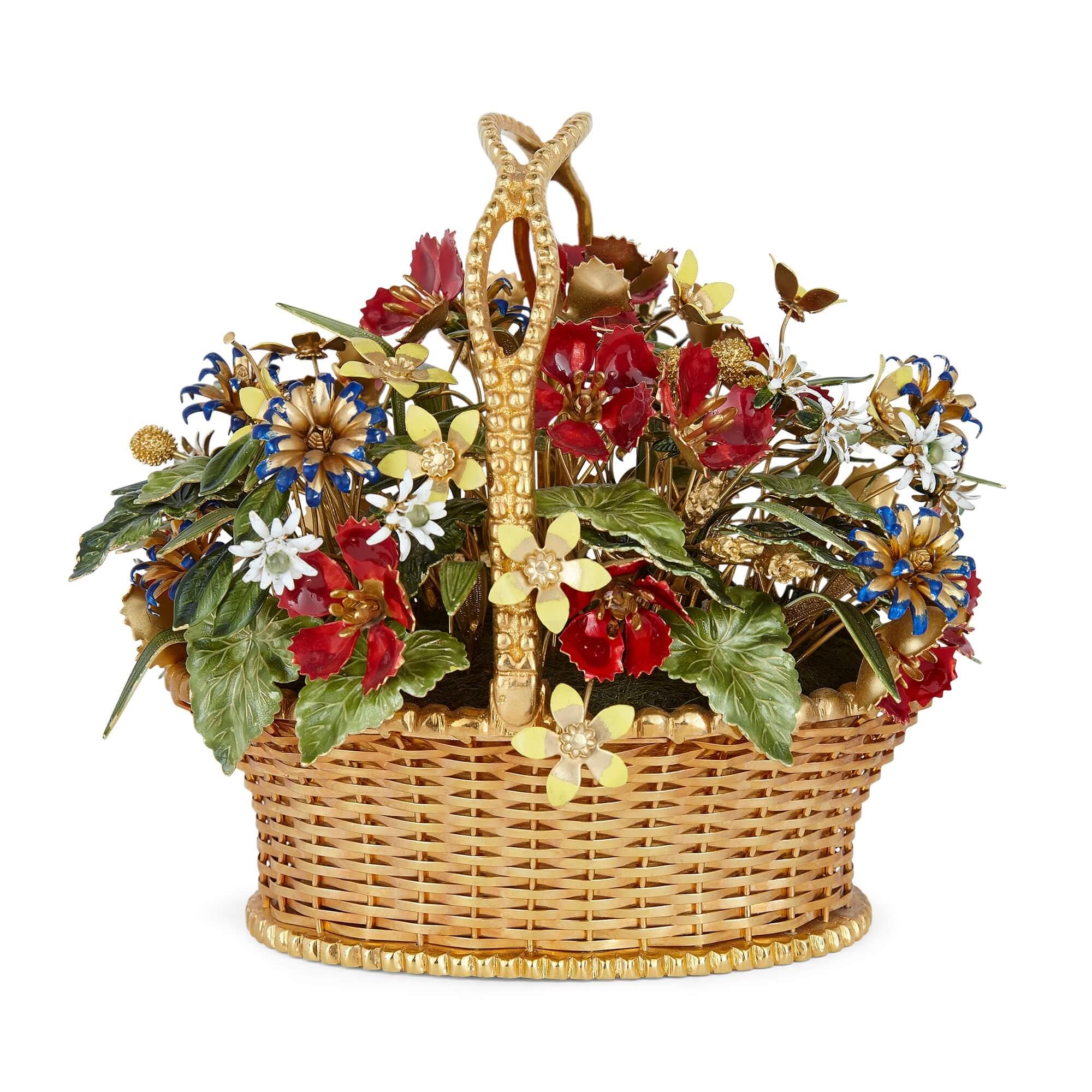 Pair of gilt-metal and enamel ‘Fleurs des Siècles’ flower baskets
American, c. 1975
Height 16cm, width 18cm, depth 14cm

With their delicate beauty, these two flower baskets are sensational objets d’art for the budding collector. The baskets are