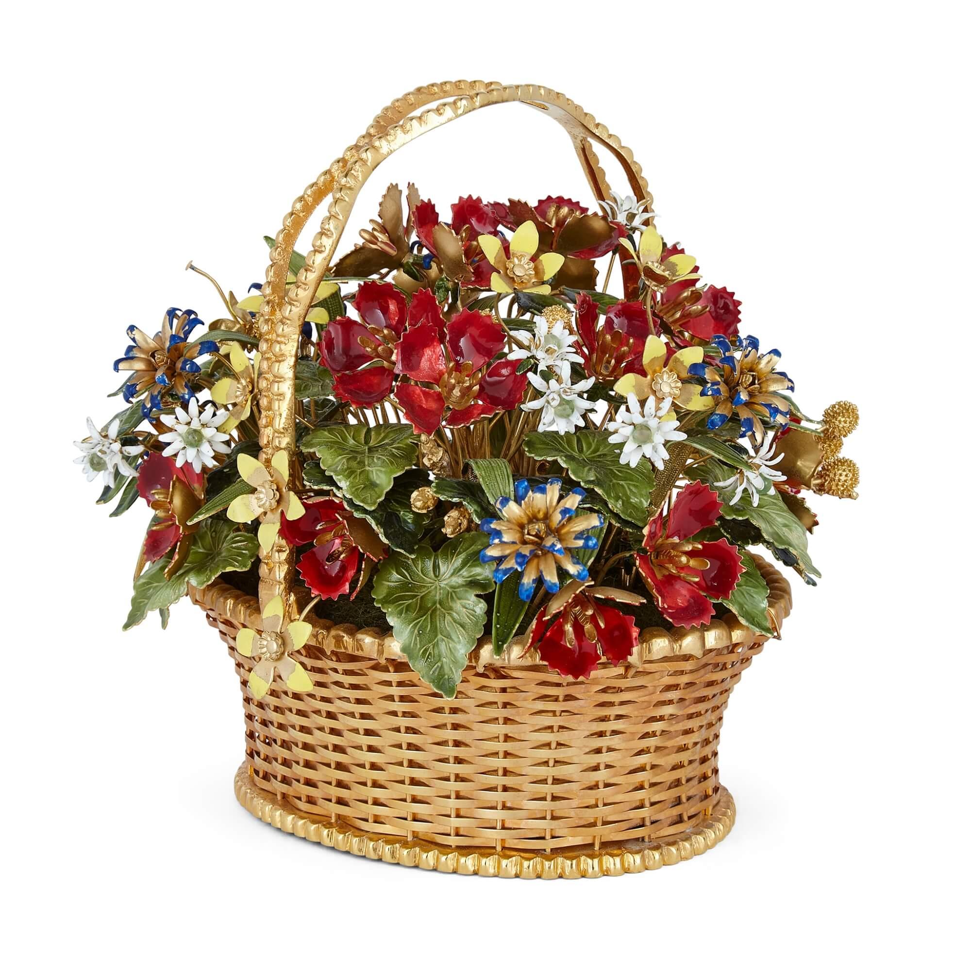 Modern Pair of Gilt-Metal and Enamel ‘Fleurs des Siècles’ Flower Baskets For Sale