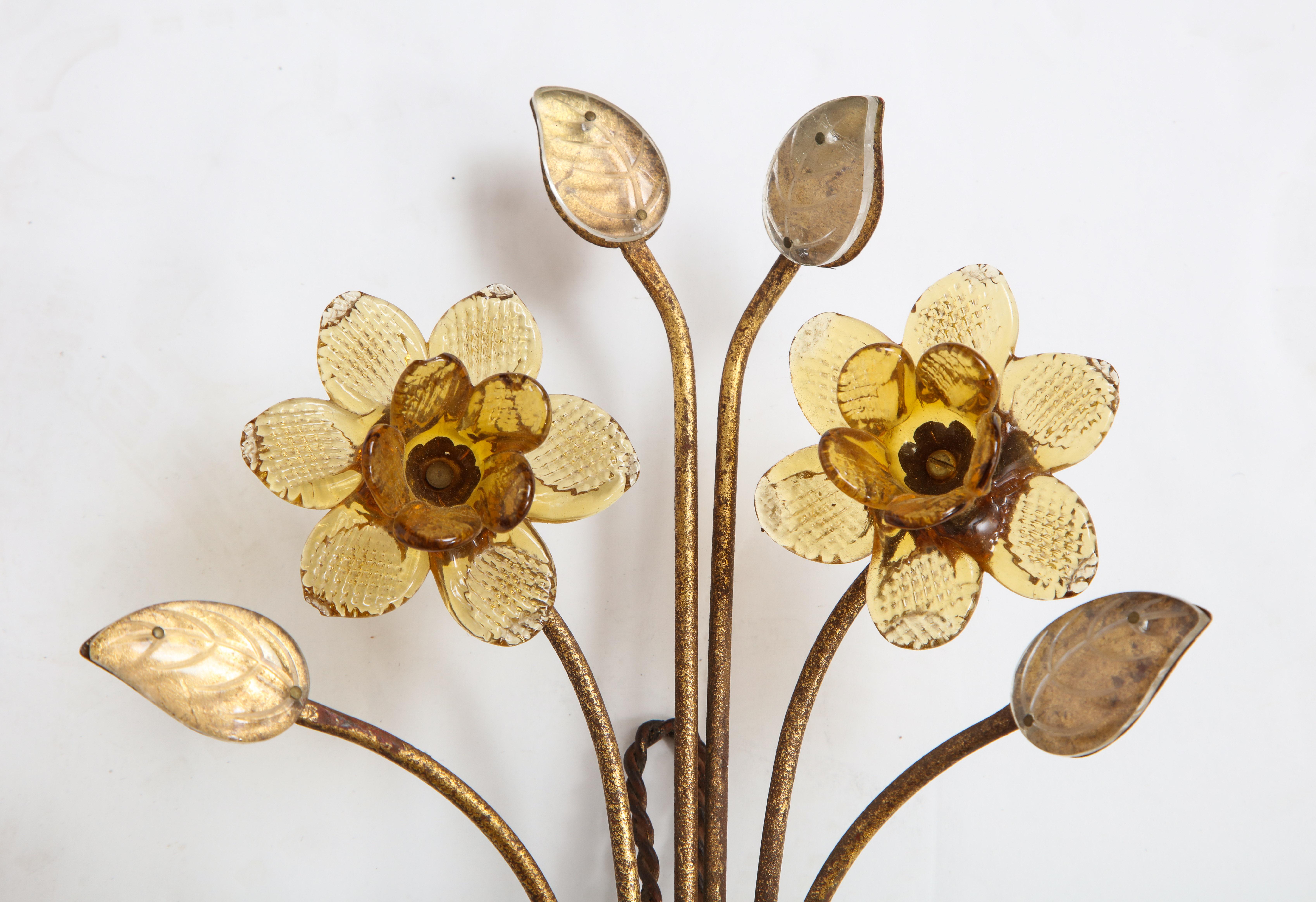 Pair of Gilt Metal and Pressed Glass Daffodil Sconces For Sale 4