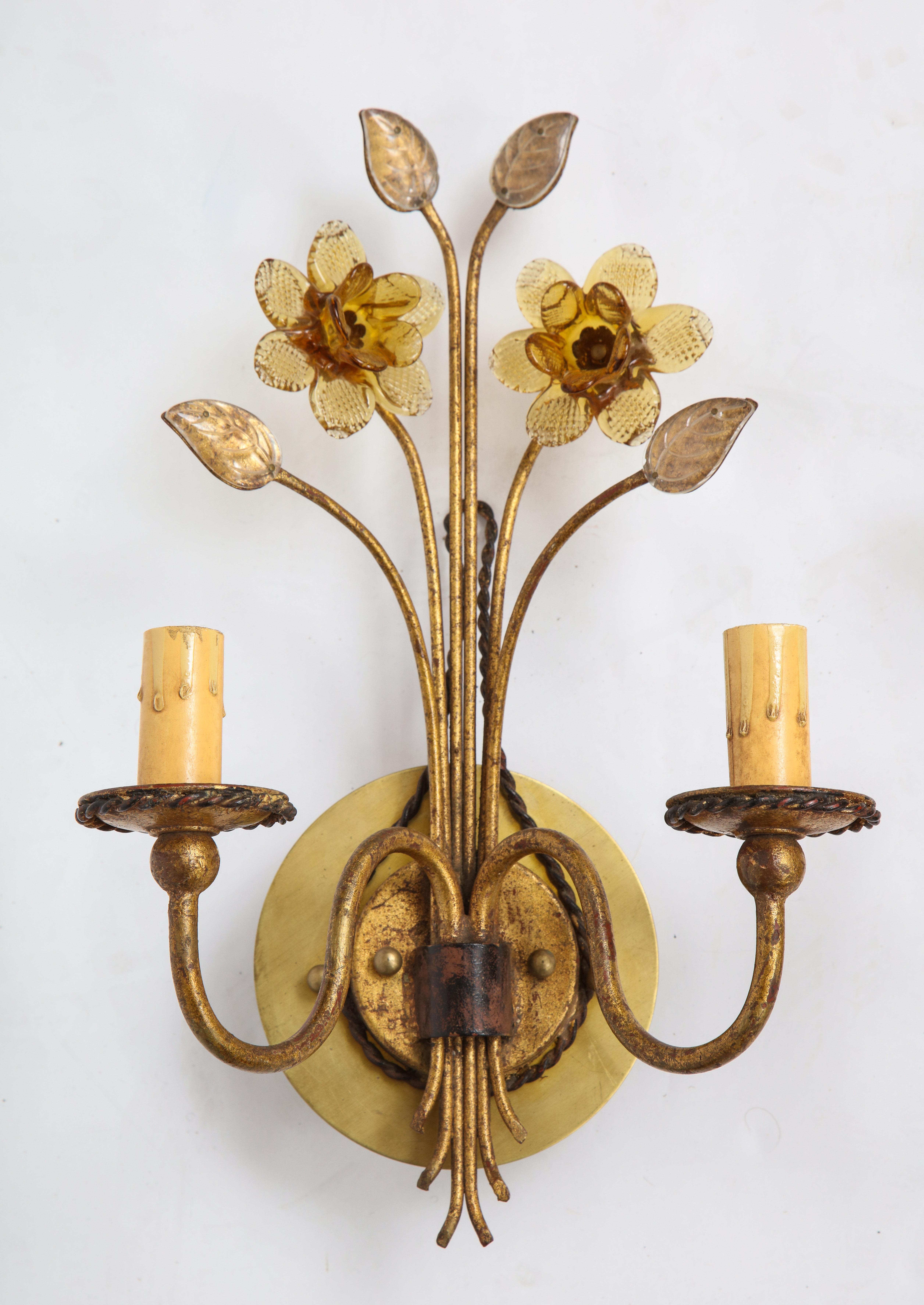 French Pair of Gilt Metal and Pressed Glass Daffodil Sconces For Sale