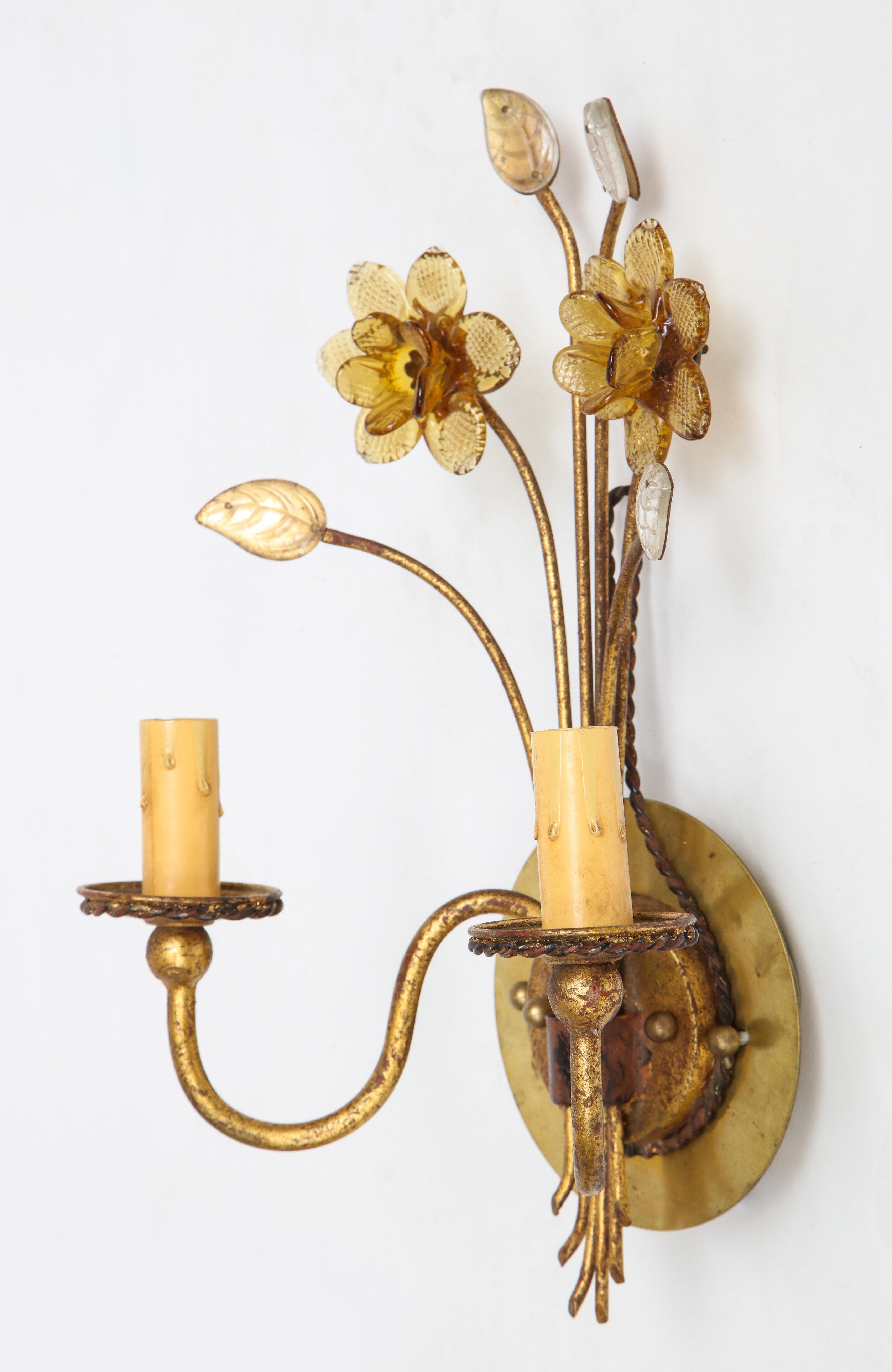 Pair of Gilt Metal and Pressed Glass Daffodil Sconces For Sale 1