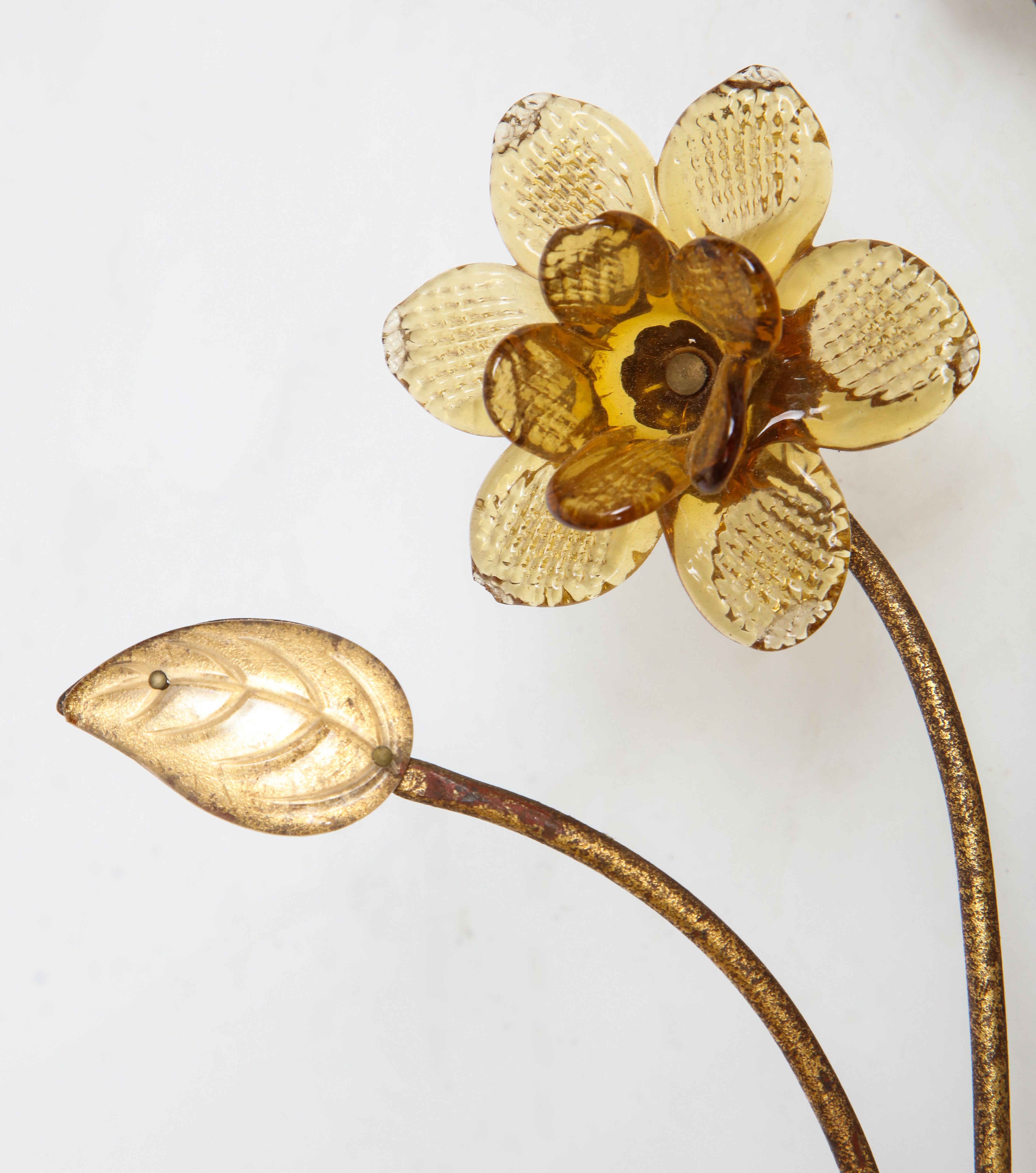 Pair of Gilt Metal and Pressed Glass Daffodil Sconces For Sale 2