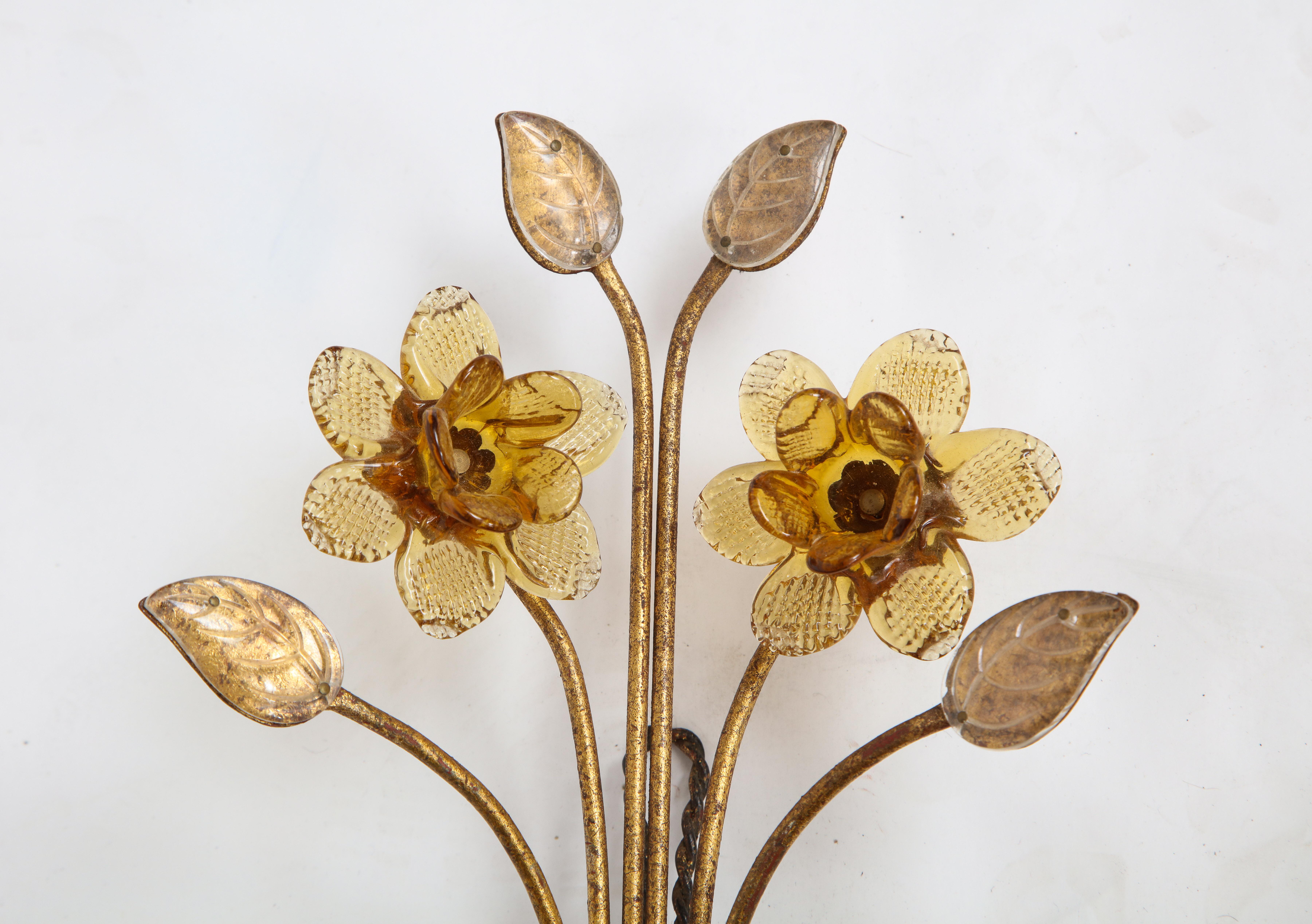Pair of Gilt Metal and Pressed Glass Daffodil Sconces For Sale 3