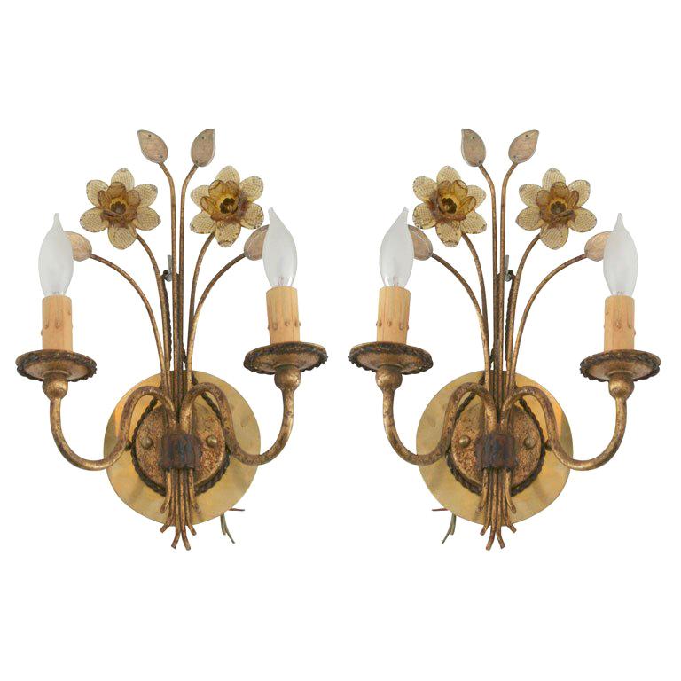 Pair of Gilt Metal and Pressed Glass Daffodil Sconces For Sale