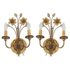 Vintage Pair of Gilt Metal and Pressed Glass Daffodil Sconces