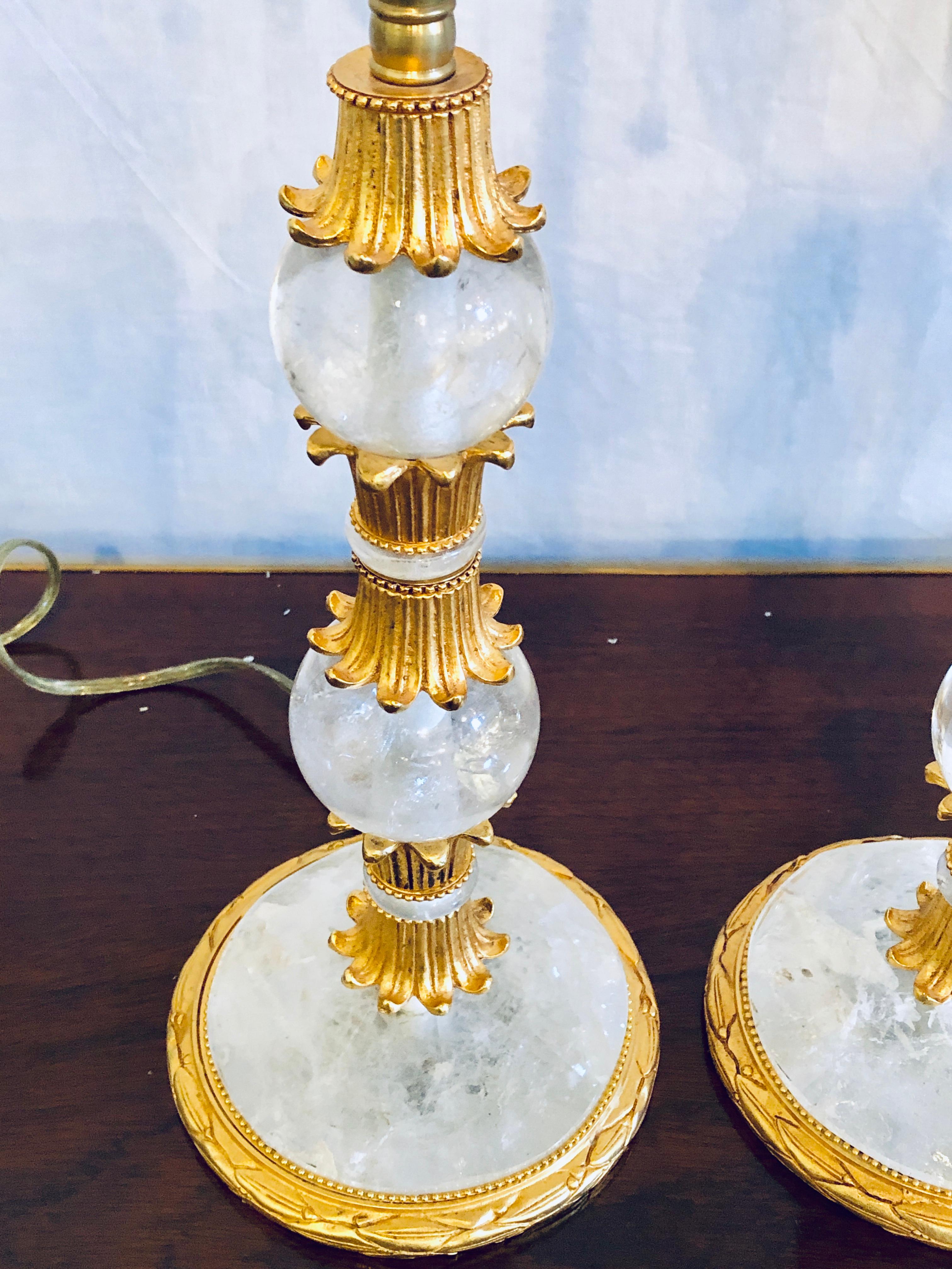 Pair of Gilt Metal and Rock Crystal Baguès Style Table Lamps For Sale 7