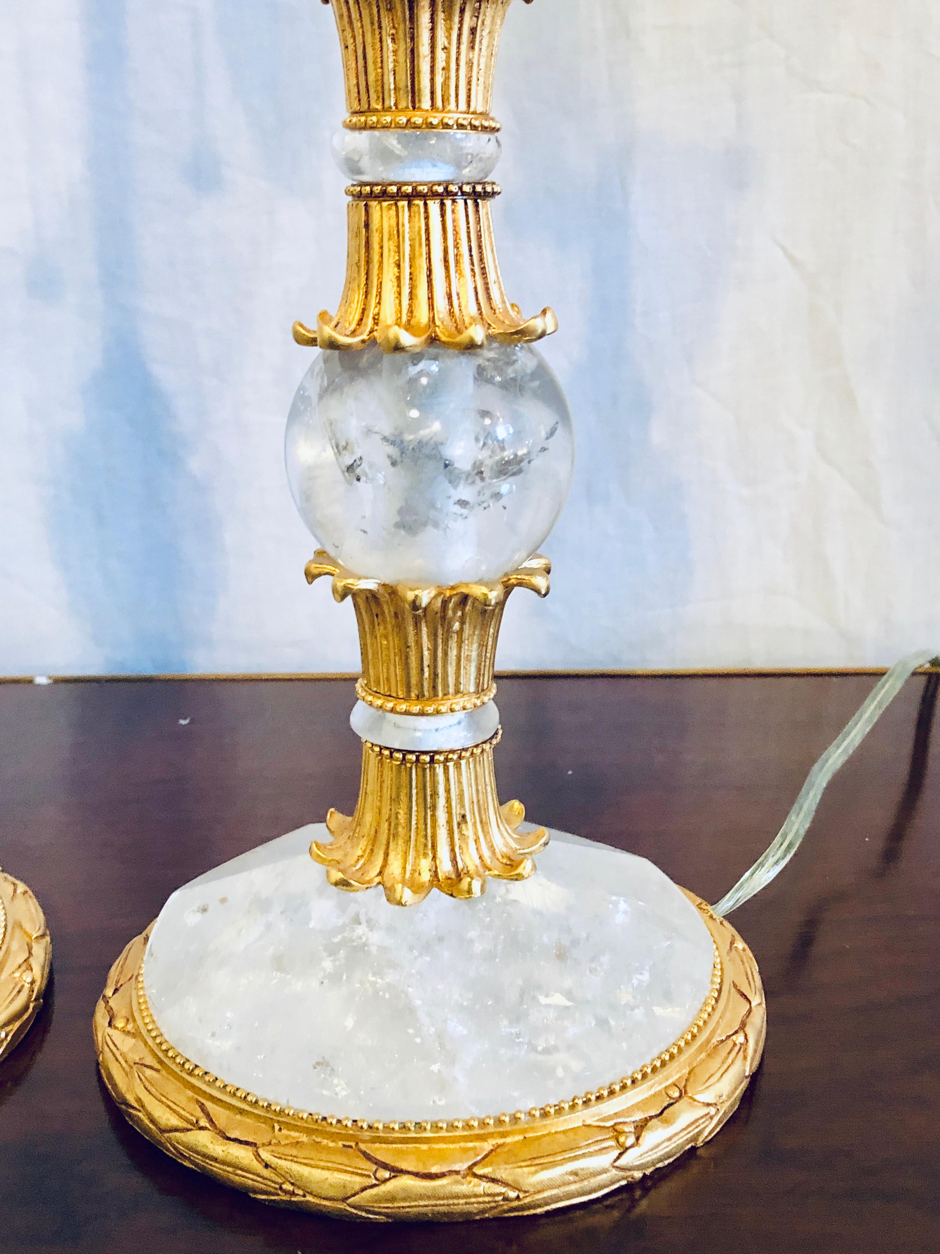 Pair of Gilt Metal and Rock Crystal Baguès Style Table Lamps For Sale 8
