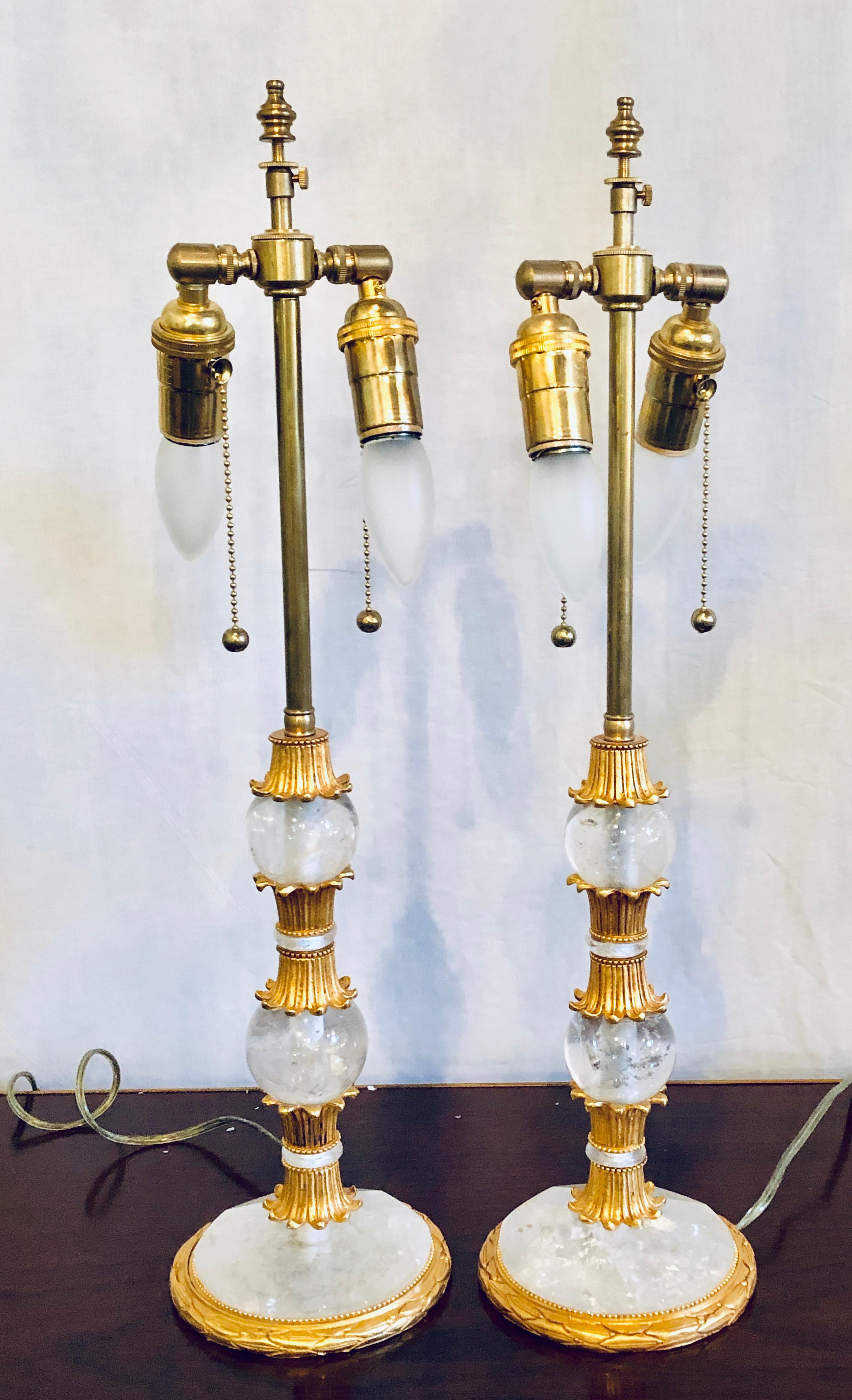 Mid-20th Century Pair of Gilt Metal and Rock Crystal Baguès Style Table Lamps For Sale