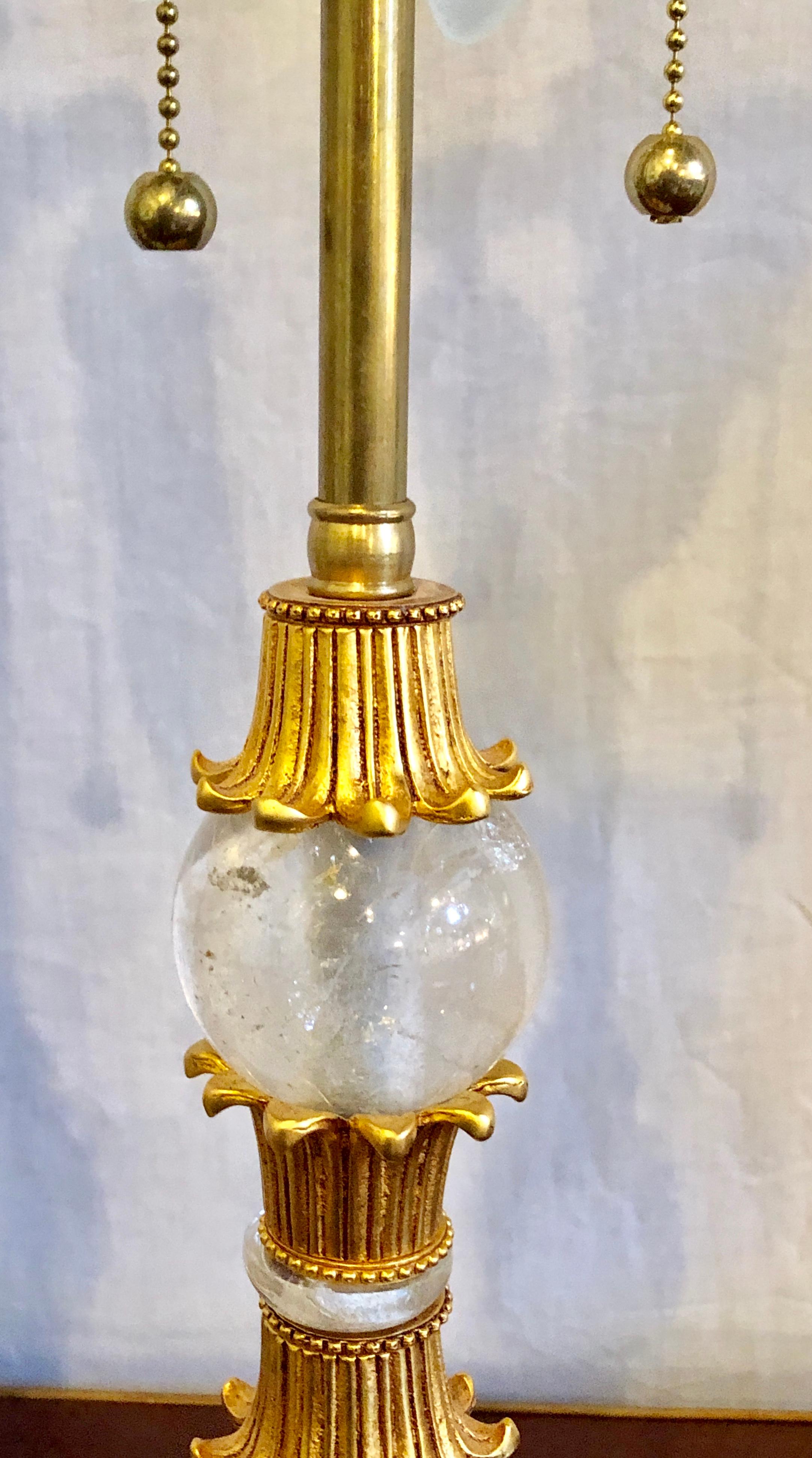 Pair of Gilt Metal and Rock Crystal Baguès Style Table Lamps For Sale 3