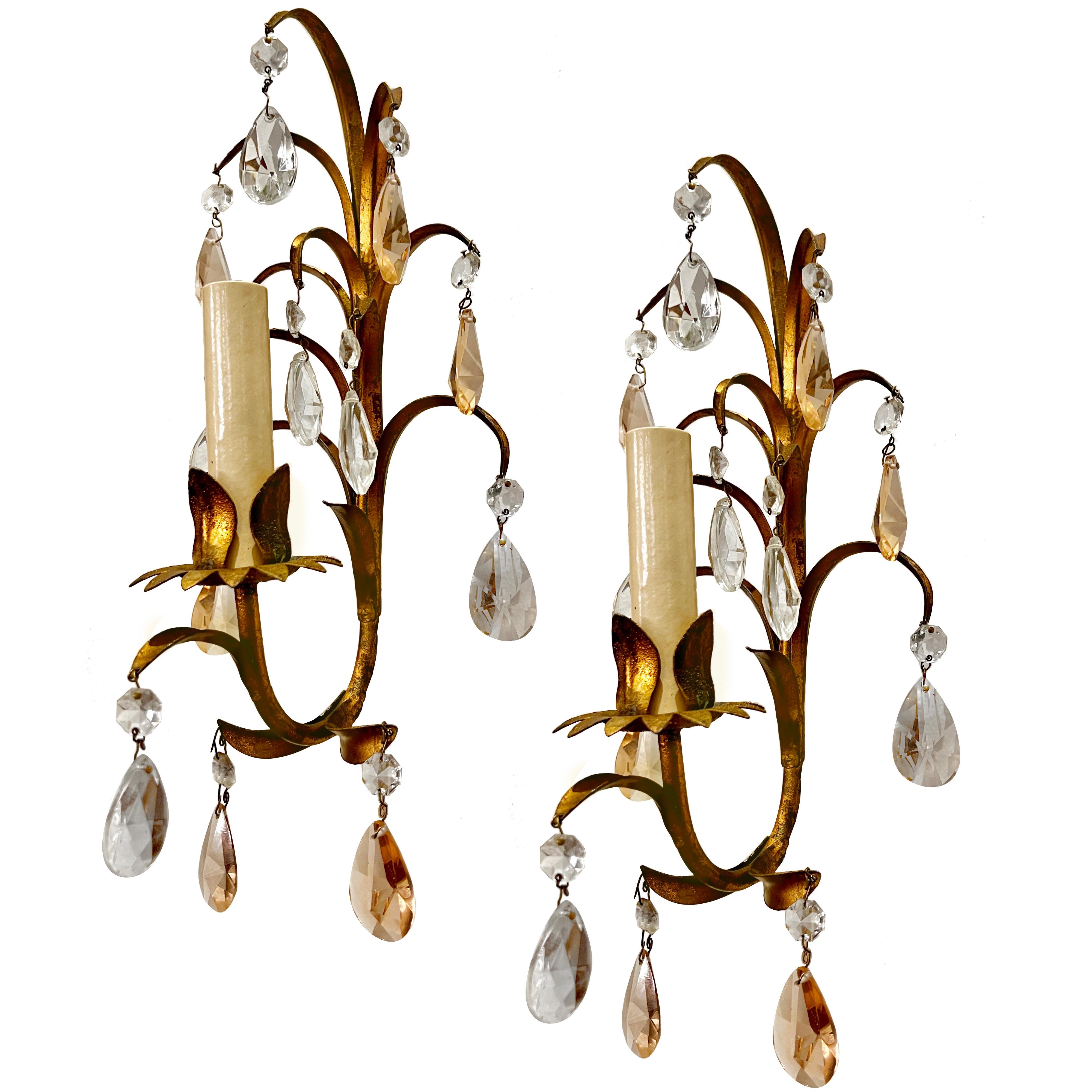 Pair of Gilt Metal and Rose Crystal Sconces In Good Condition For Sale In New York, NY