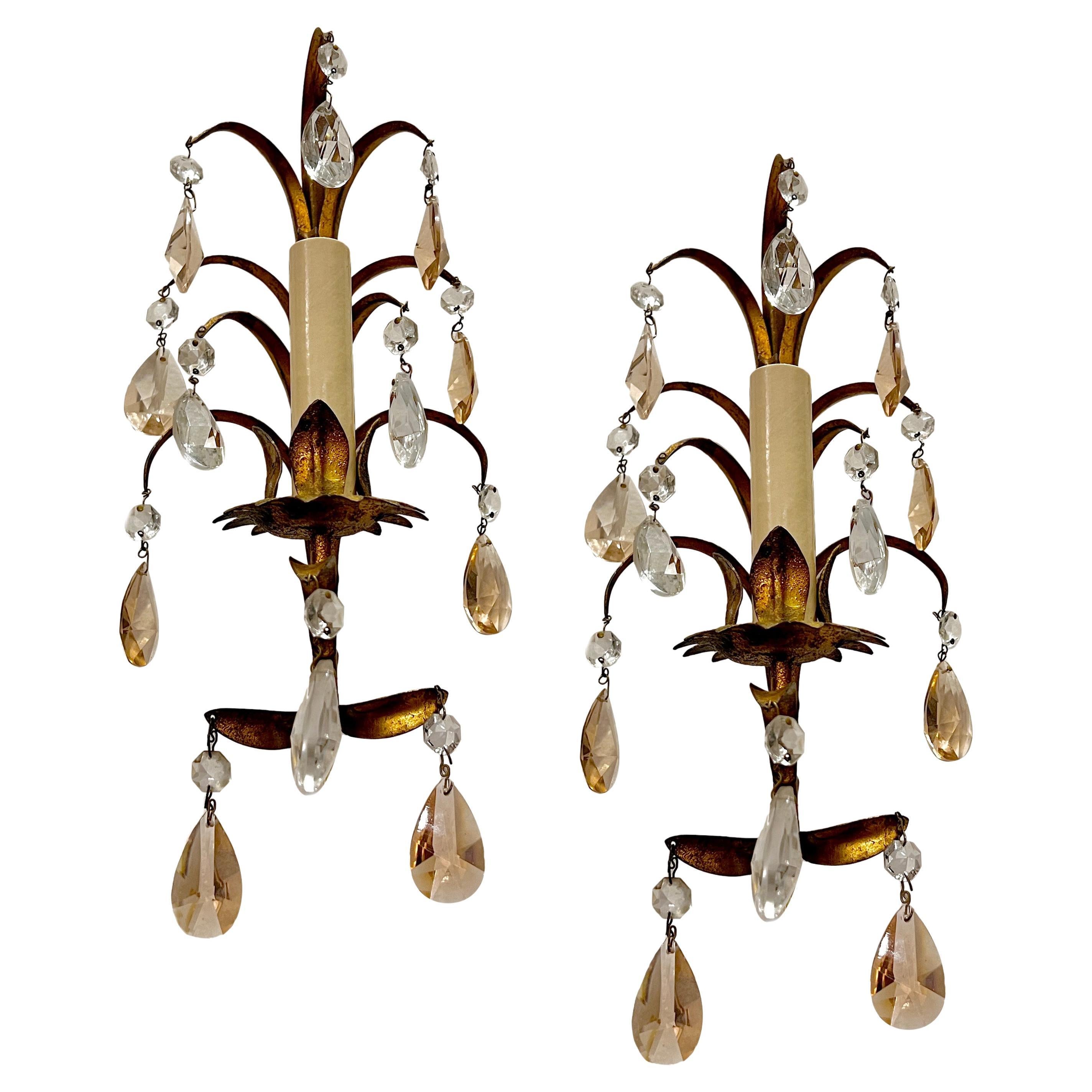 Pair of Gilt Metal and Rose Crystal Sconces For Sale